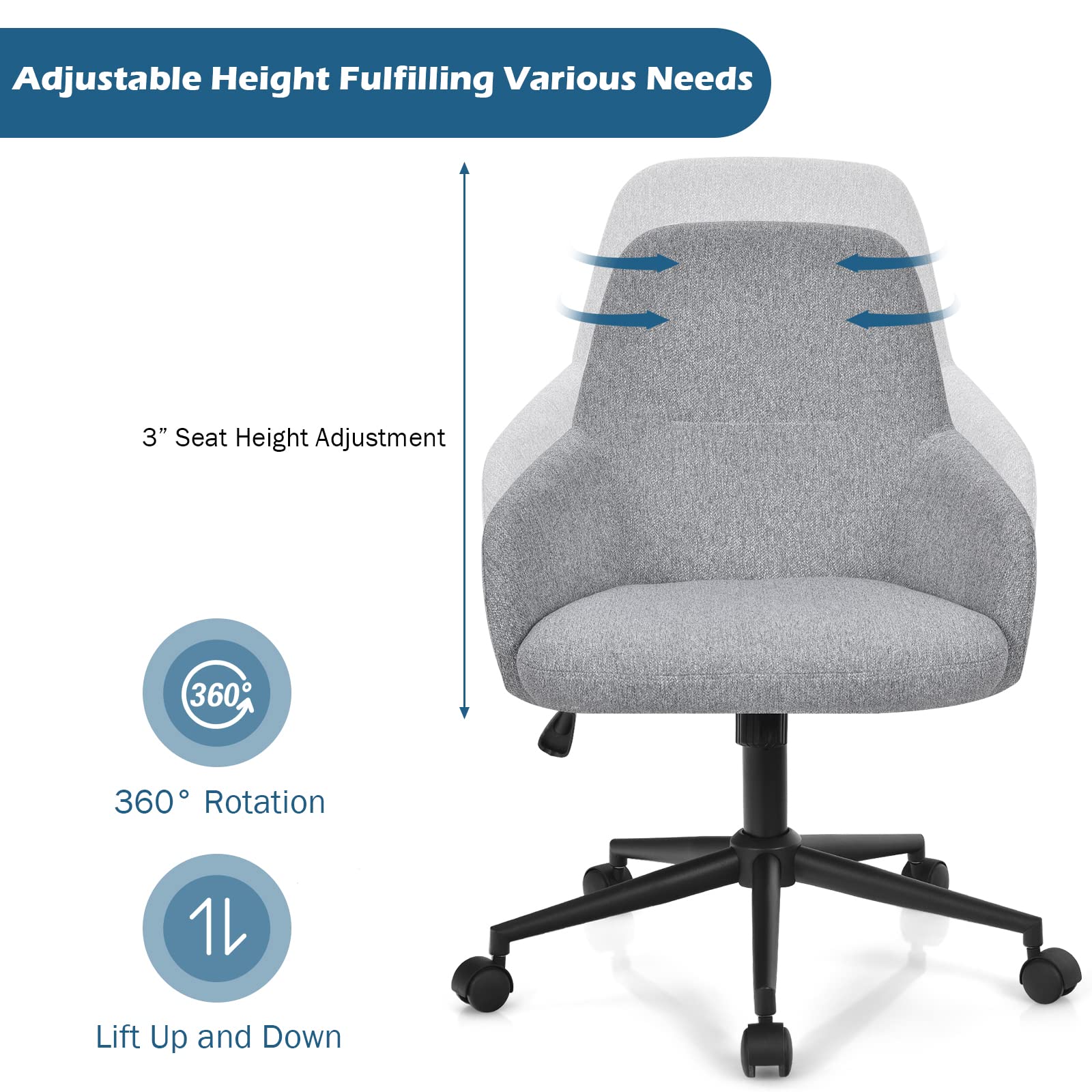 KOMFOTT Fabric Office Chair, Upholstered Linen Leisure Chair, Ergonomic Desk Chair w/Rocking Backrest