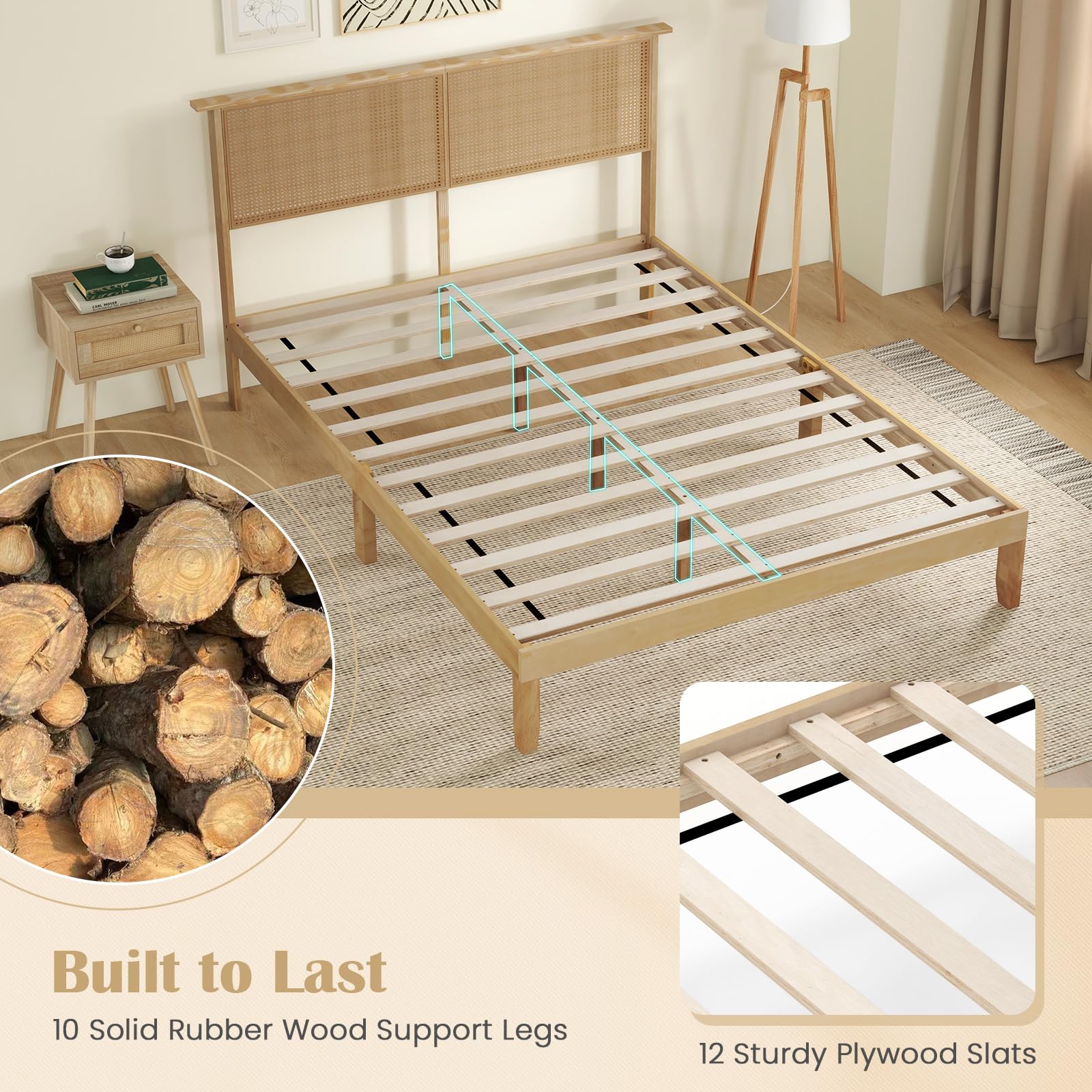 KOMFOTT Rattan Bed Frame with Rattan Headboard, Boho Solid Wood Platform Bed with Wooden Slats