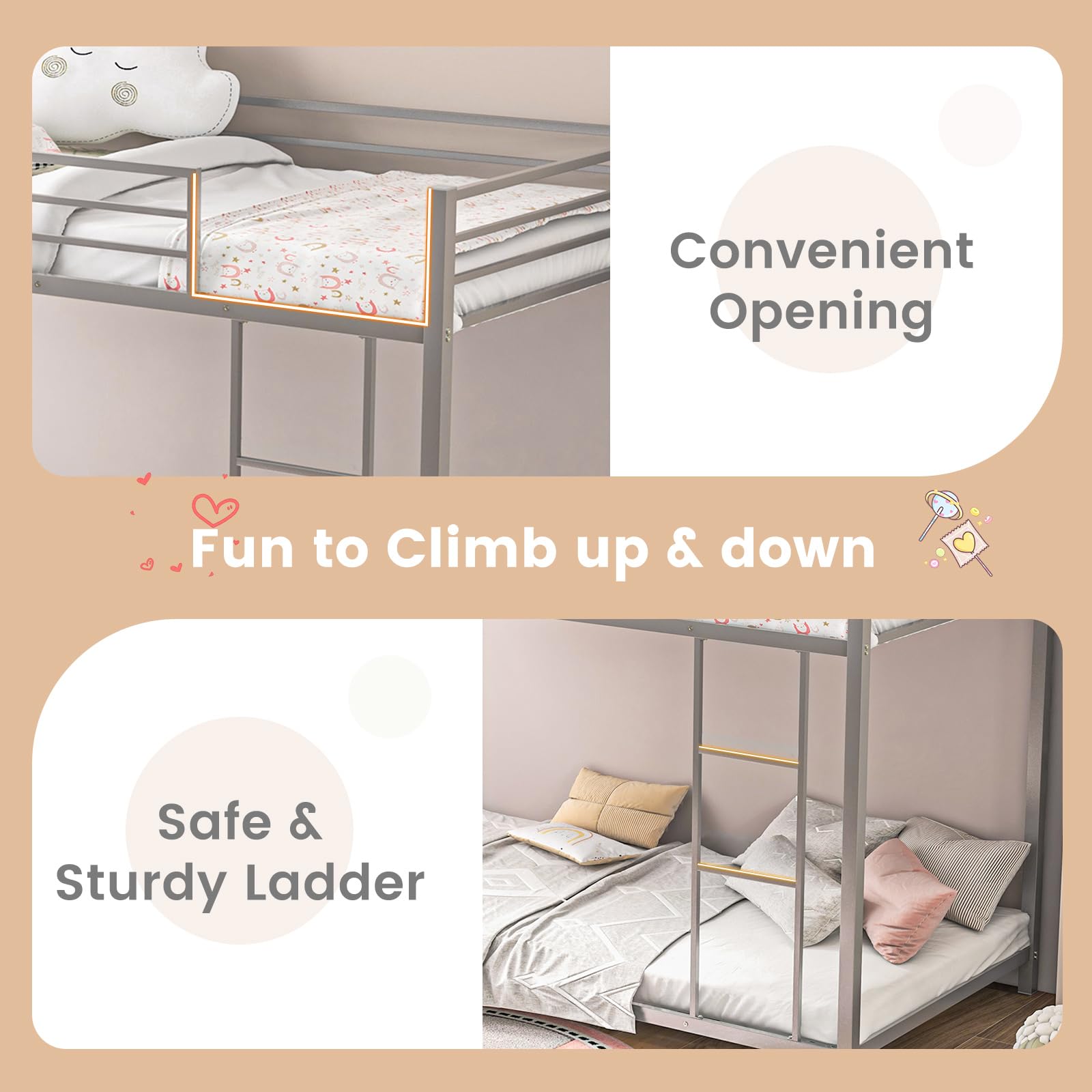 KOMFOTT Twin Over Twin Metal Low Floor Bunk Bed with Safety Guard Rail & Ladder