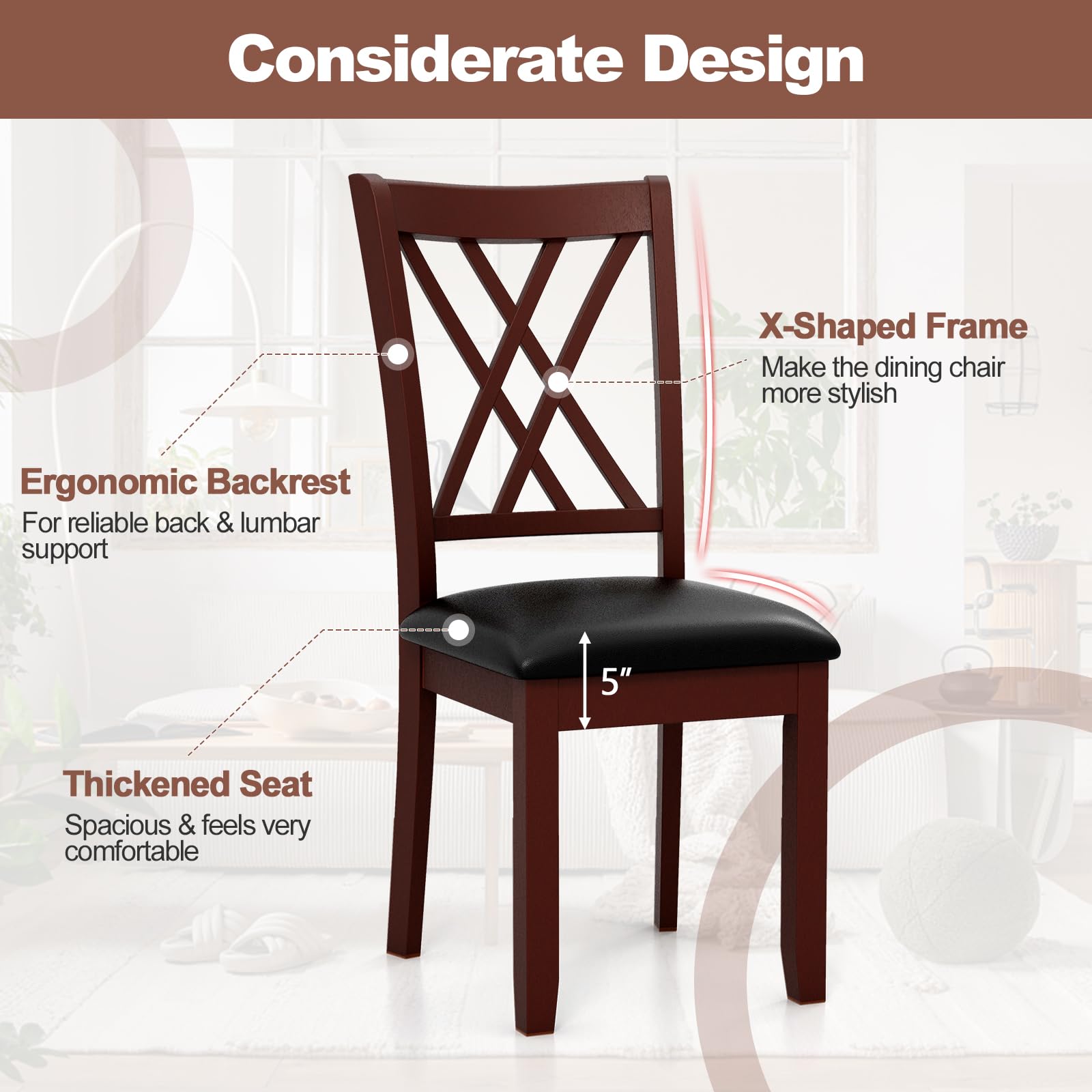 KOMFOTT Wood Dining Chairs Set of 2, Faux Leather Upholstered Kitchen Chairs with Rubber Wood Legs, Padded Seat