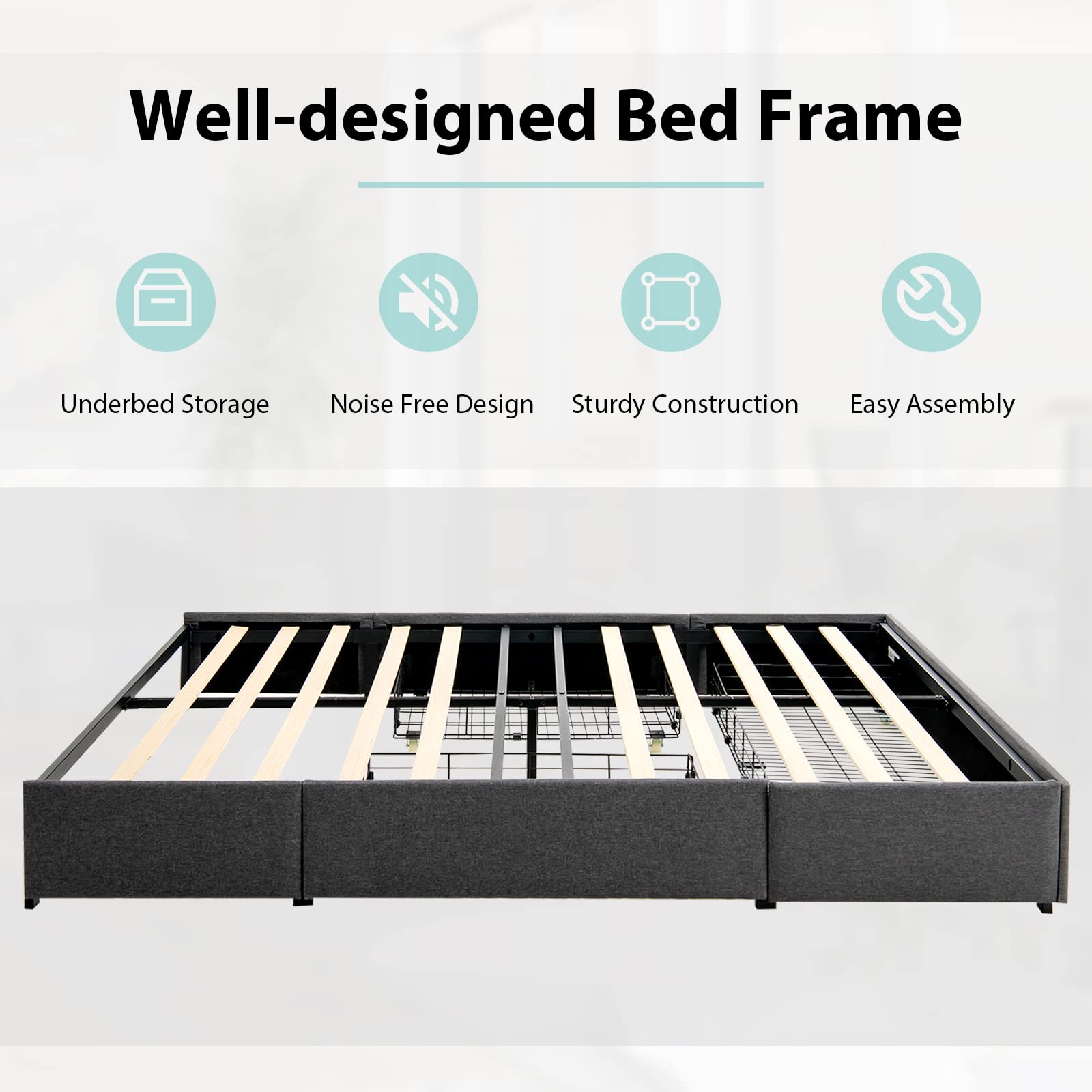 KOMFOTT  Full Size Bed Frame with 3 Drawers, Fabric Upholstered Platform Bed