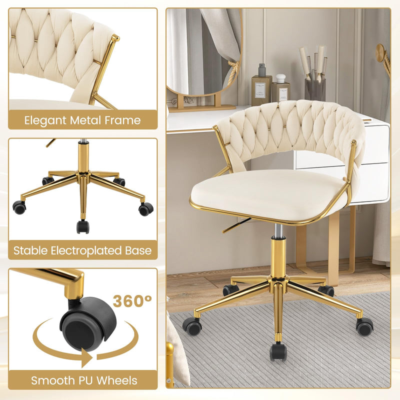 KOMFOTT Velvet Office Desk Chair, Upholstered Makeup Vanity Chair w/Woven Back & Gold Base