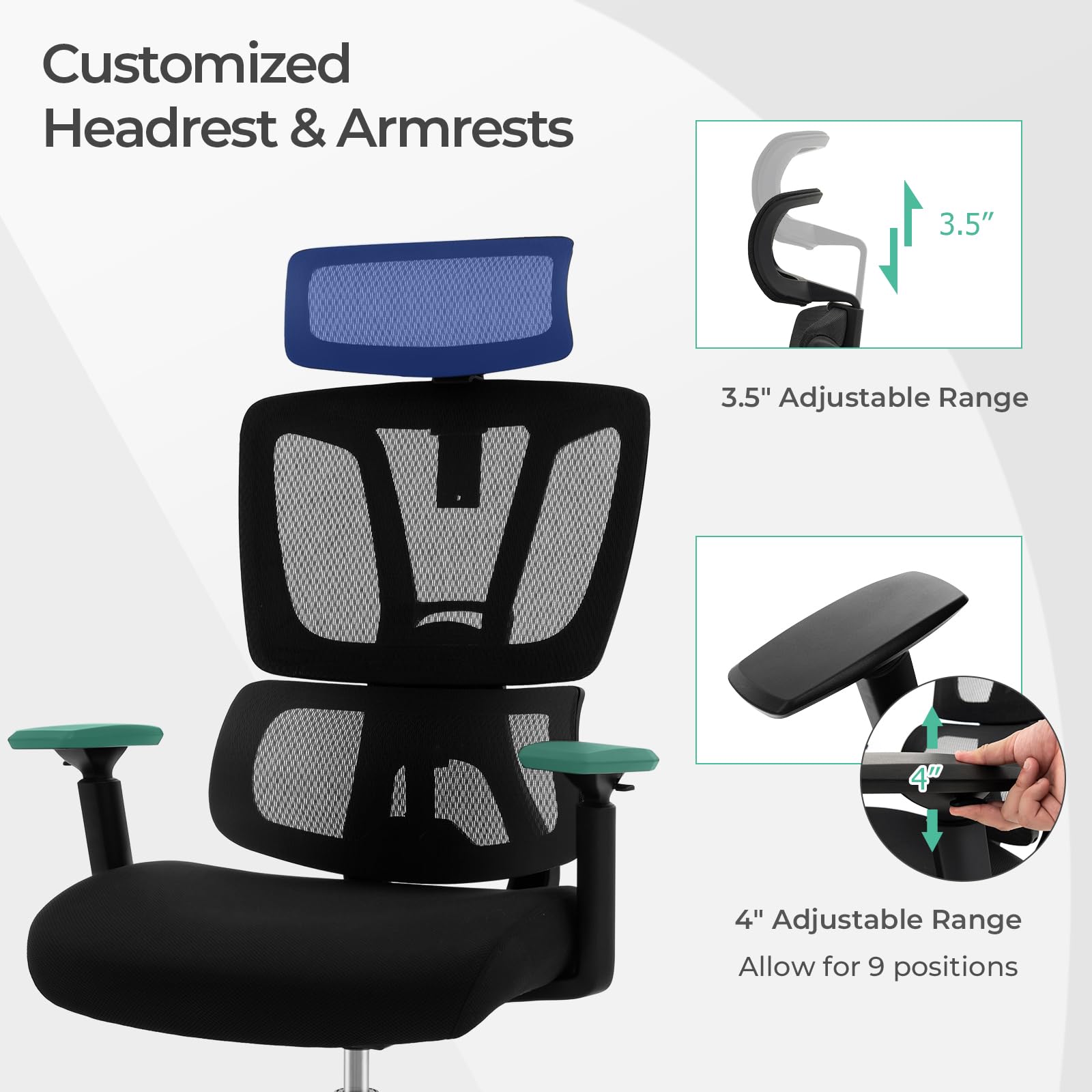 KOMFOTT Ergonomic Office Chair - Mesh Desk Chair with Adjustable Lumbar Support, Headrest & Armrests