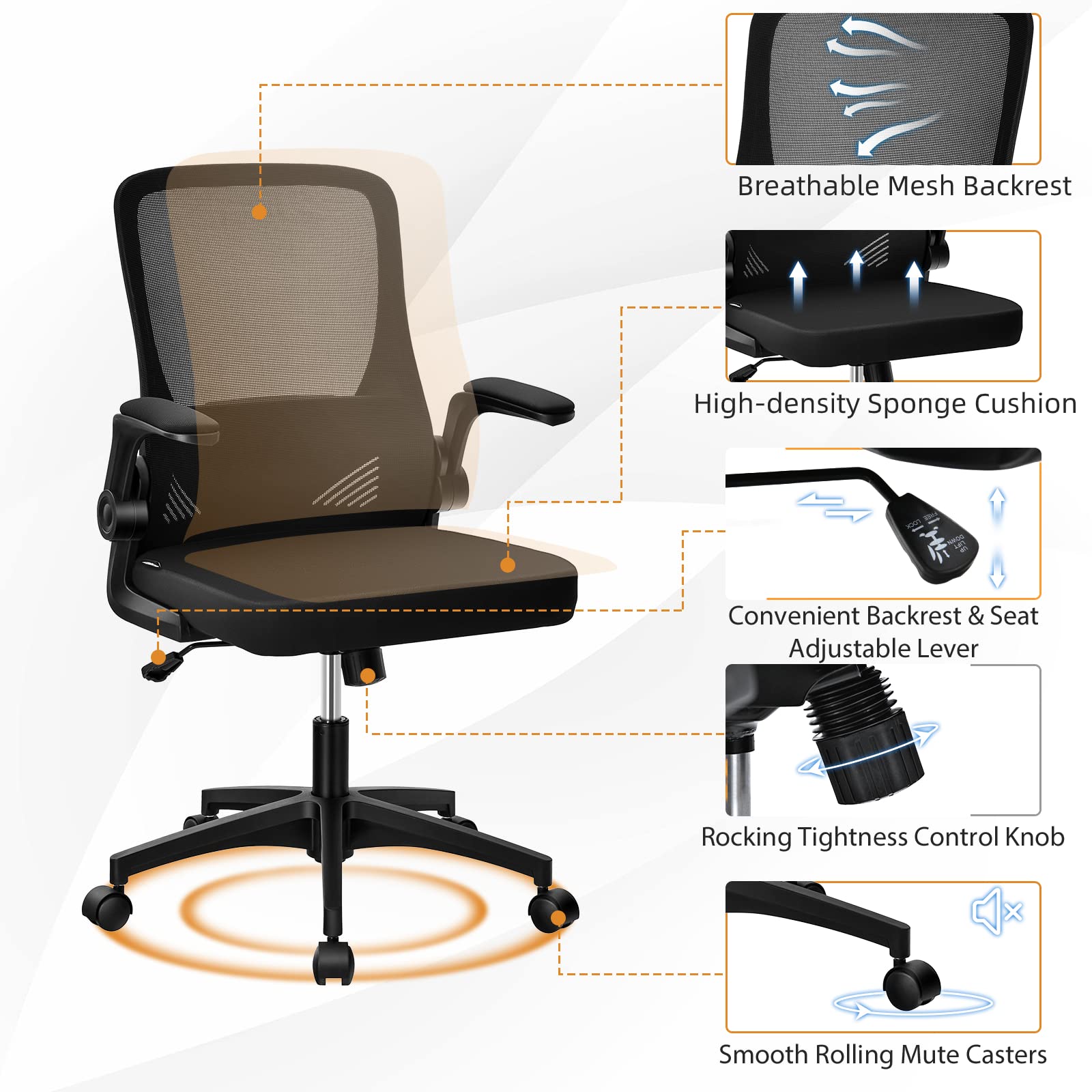 KOMFOTT Ergonomic Office Chair w/Foldable Backrest, Mid Back Mesh Chair with Lumbar Support, Flip up Arms