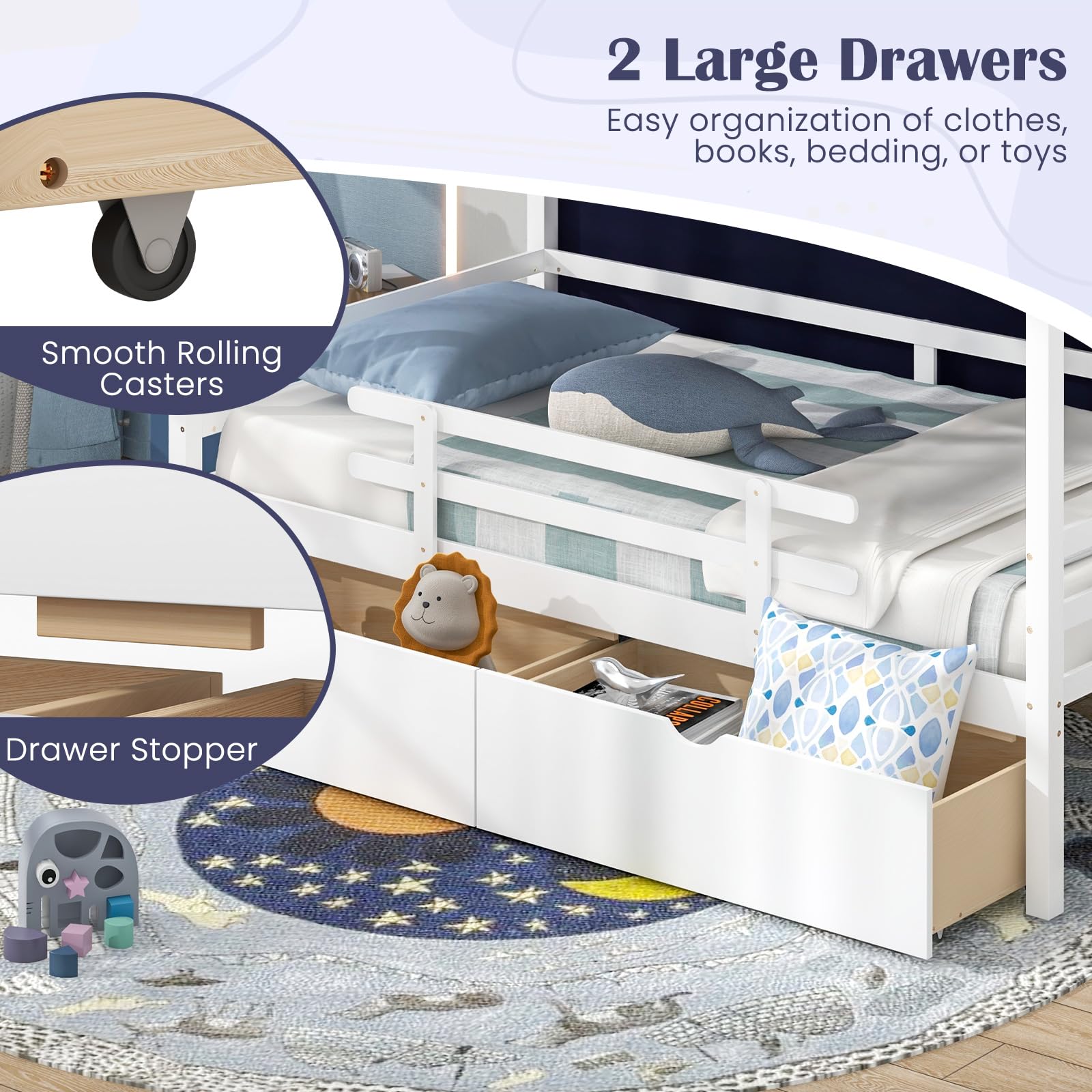 KOMFOTT Twin House Bed with Tent, Wood Kids Bed with 2 Storage Drawers, Solid Wood Daybed Frame with Rails and Roof