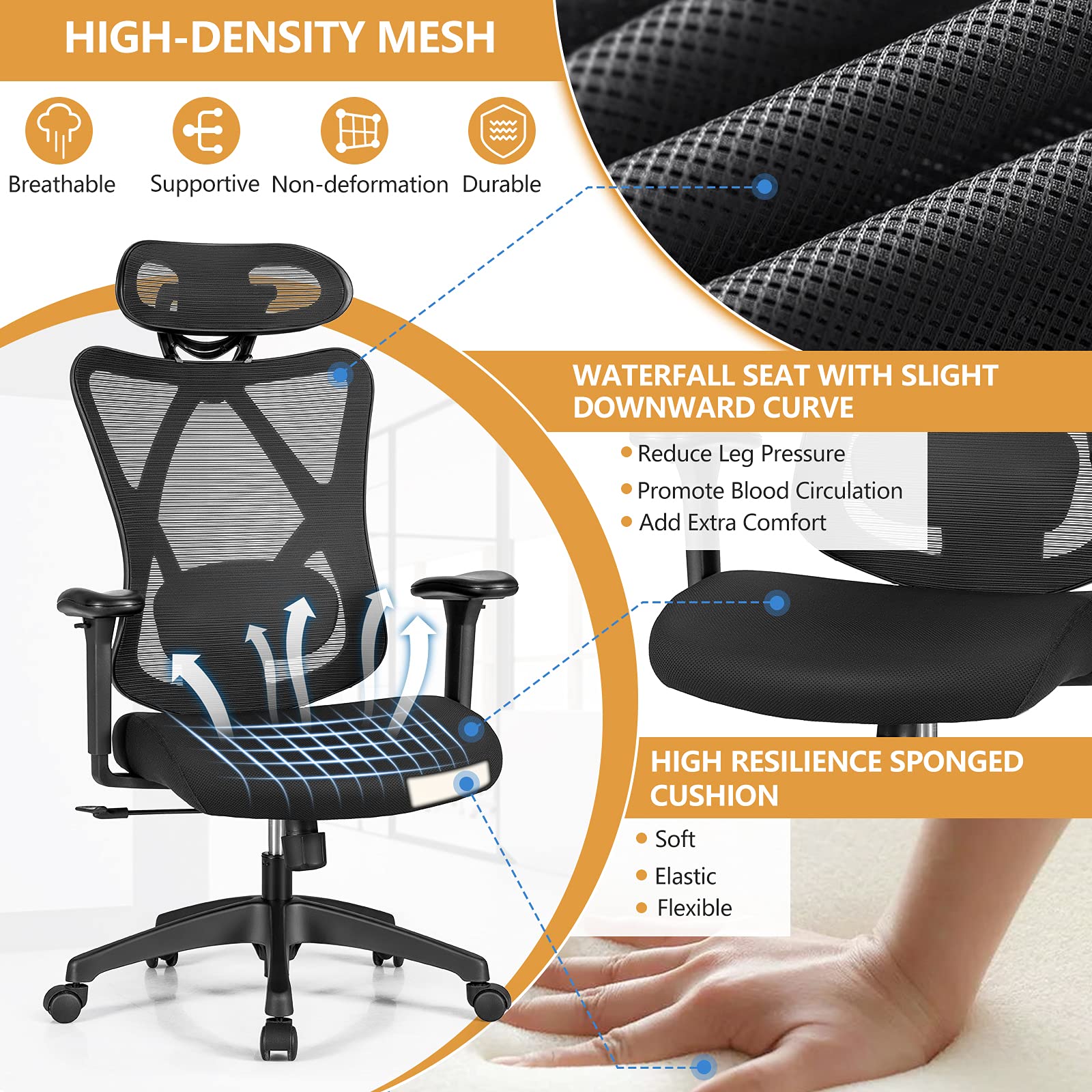 KOMFOTT Ergonomic Office Chair with Adjustable Lumbar Support, Armrests and Headrest