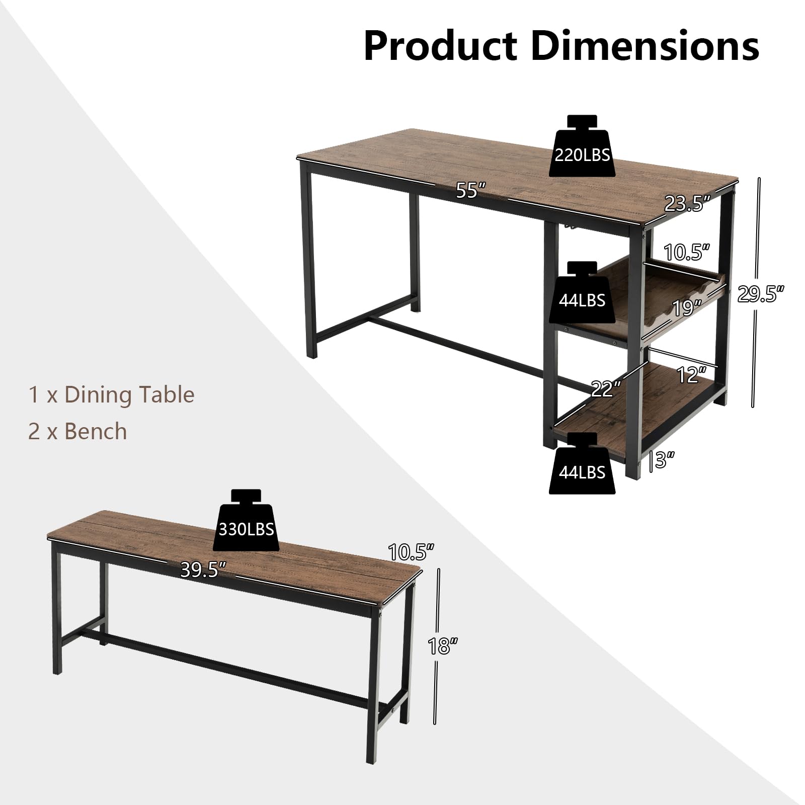 KOMFOTT Dining Table Set for 4, 3-Piece 55" L Kitchen Table Set w/ 2 Benches, Breakfast Table w/ 5-Bottle Wine Rack & Glass Holder