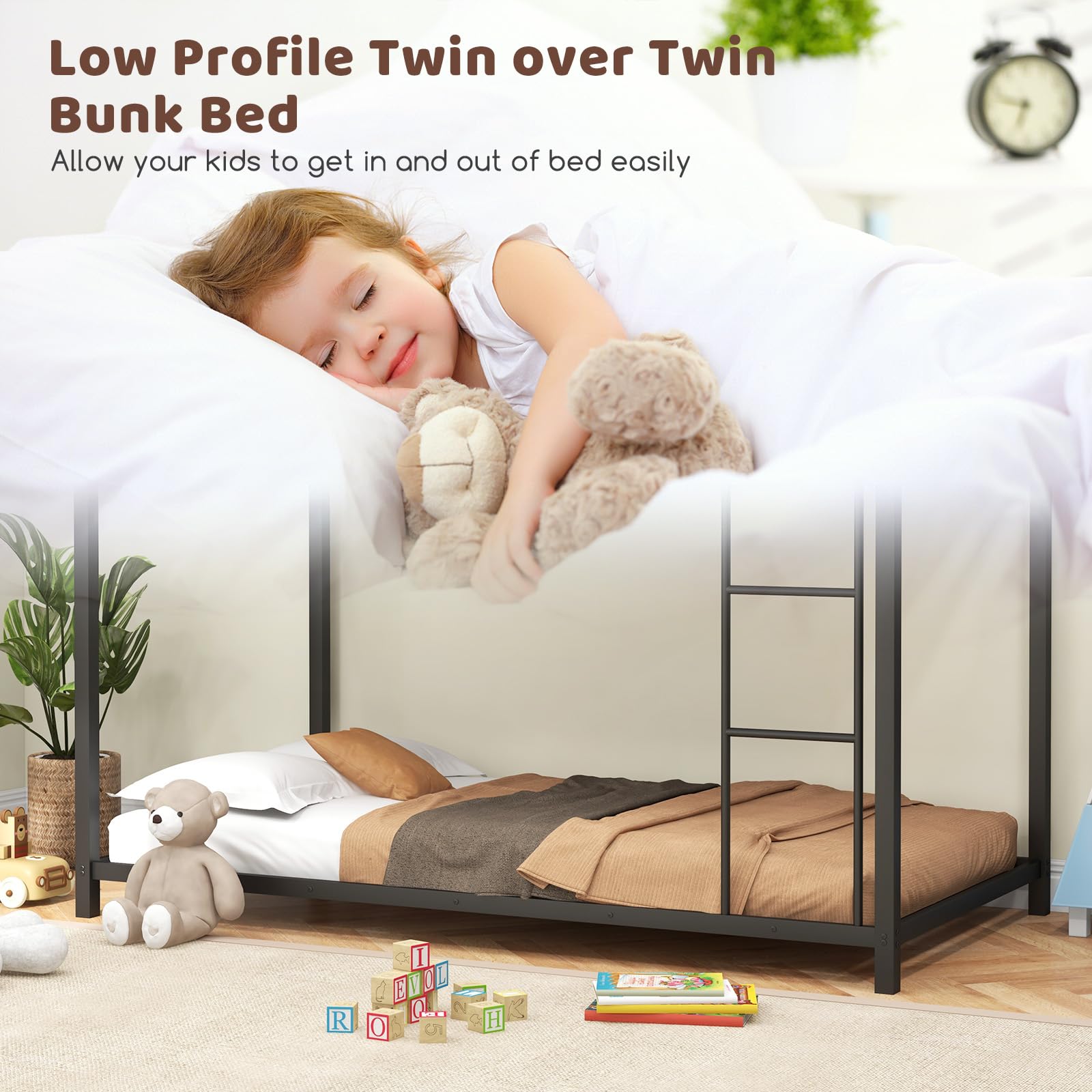 KOMFOTT Metal Bunk Bed Twin Over Twin, Classic Bunk Bed Frame with Safety Guard Rails & Side Ladder