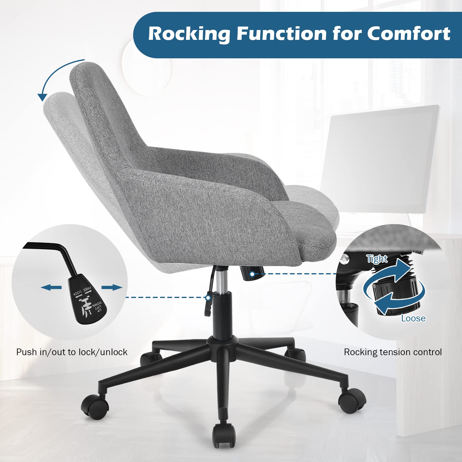 KOMFOTT Fabric Office Chair, Upholstered Linen Leisure Chair, Ergonomic Desk Chair w/Rocking Backrest