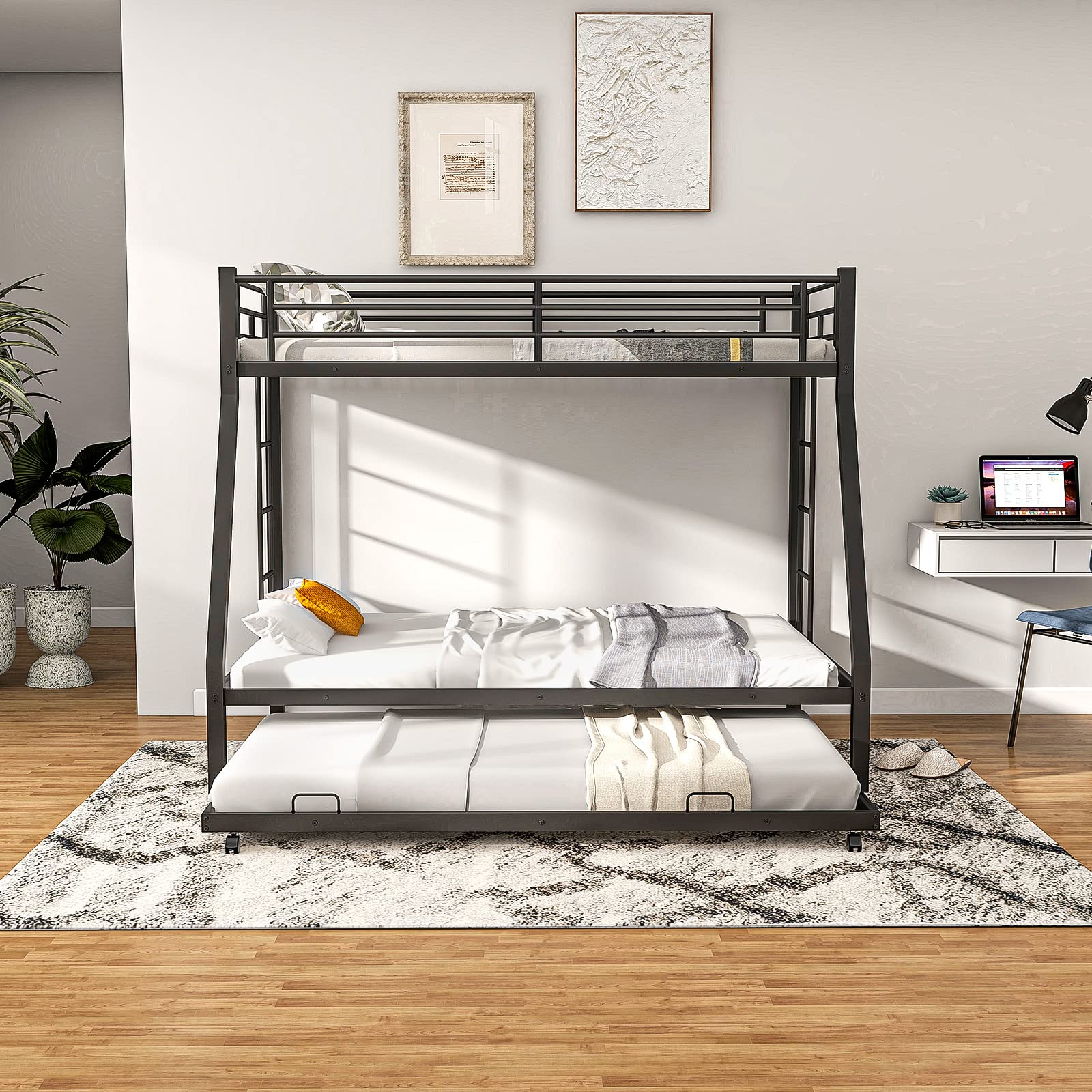 KOMFOTT Twin Over Full Heavy-Duty Metal Bunk Bed with Trundle, Guardrail & 2 Ladders