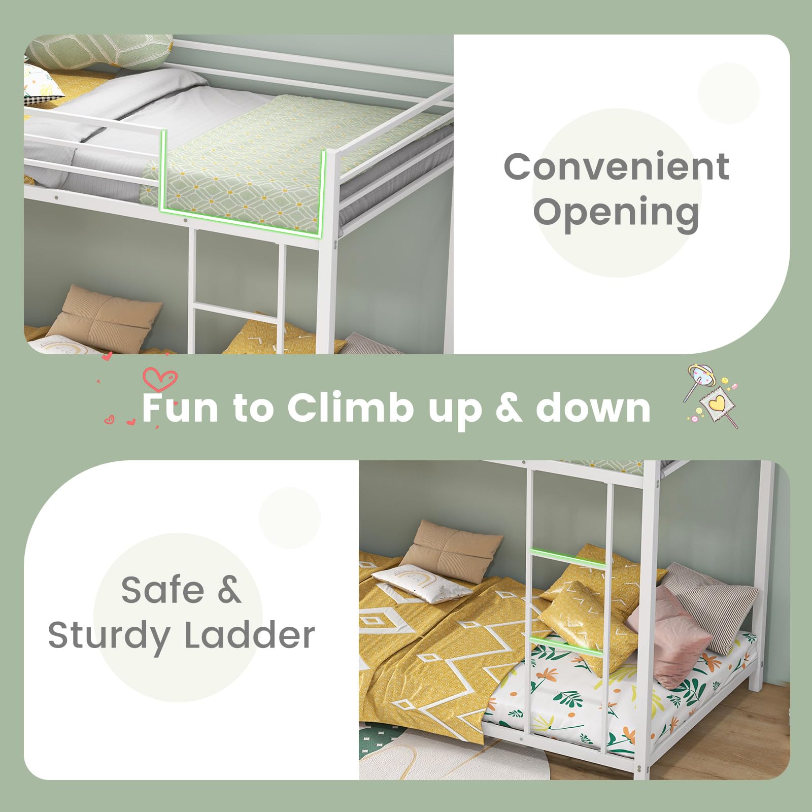 KOMFOTT Twin Over Twin Metal Low Floor Bunk Bed with Safety Guard Rail & Ladder