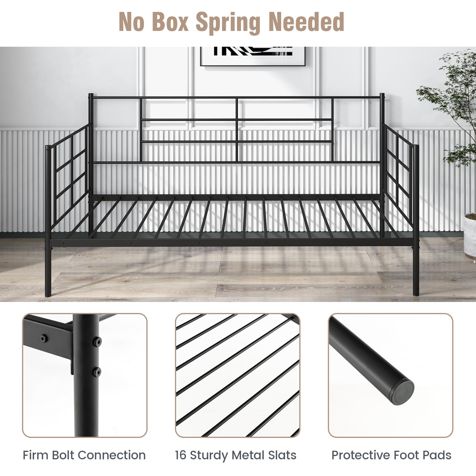 KOMFOTT Twin Size Metal Daybed Frame, Heavy-Duty Sofa Bed with Sturdy Metal Slat Support