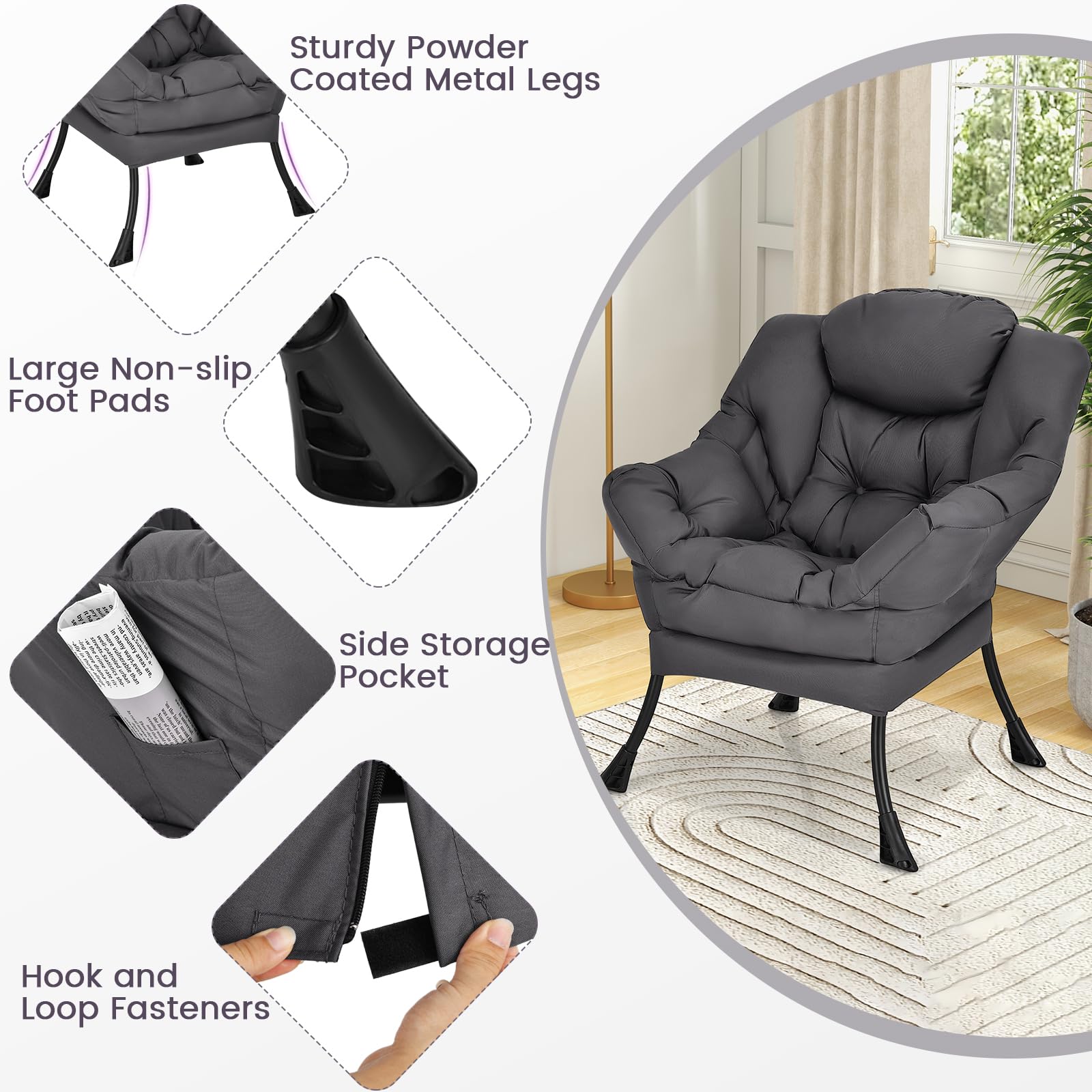 KOMFOTT Modern Lazy Chair, Upholstered Single Sofa Chair w/Armrests & Side Pocket