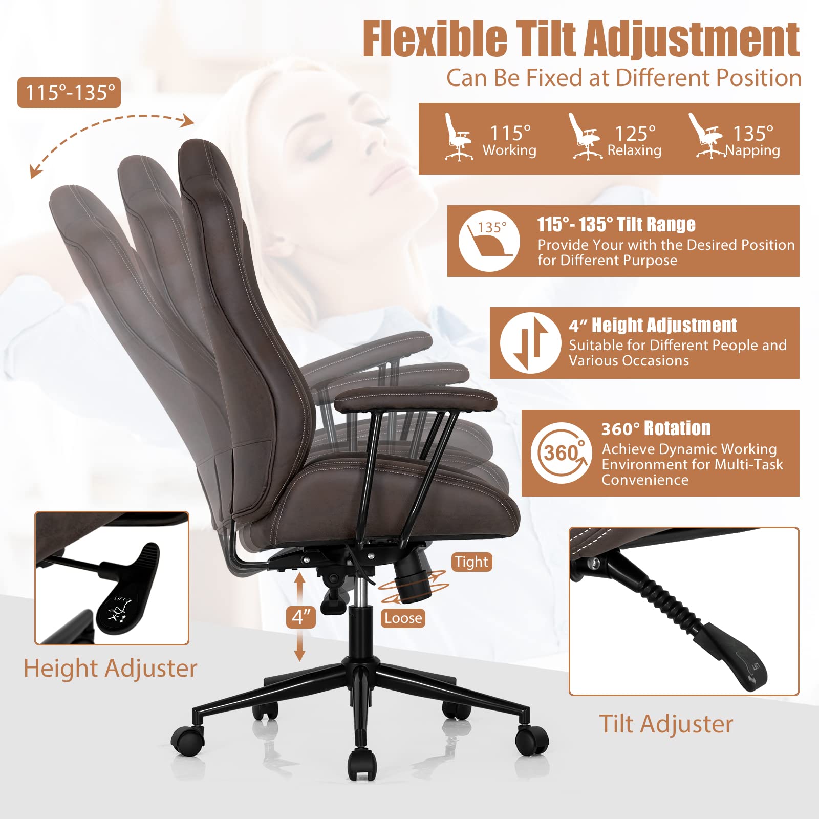 KOMFOTT High-Back Home Office Desk Chair, Ergonomic Leathaire Task Chair with Comfortable Padded Seat & Detachable Armrests