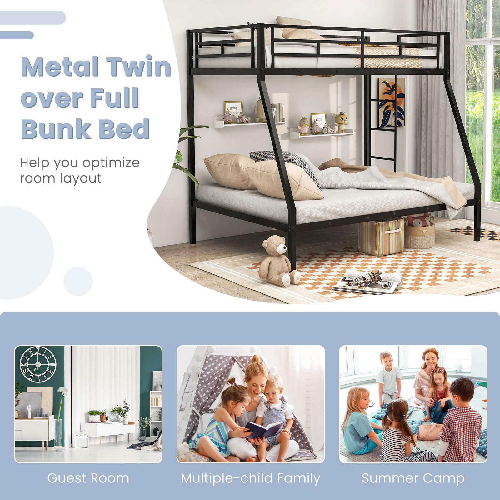 KOMFOTT Metal Twin Over Full Bunk Bed with Ladder and Steel Frame Support