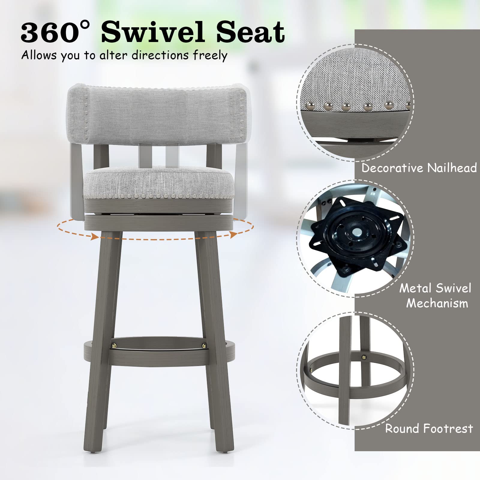 KOMFOTT Bar Stool, Modern 360° Swivel Barstool with Upholstered Back & Seat, Solid Rubber Wood Legs & Round Footrest