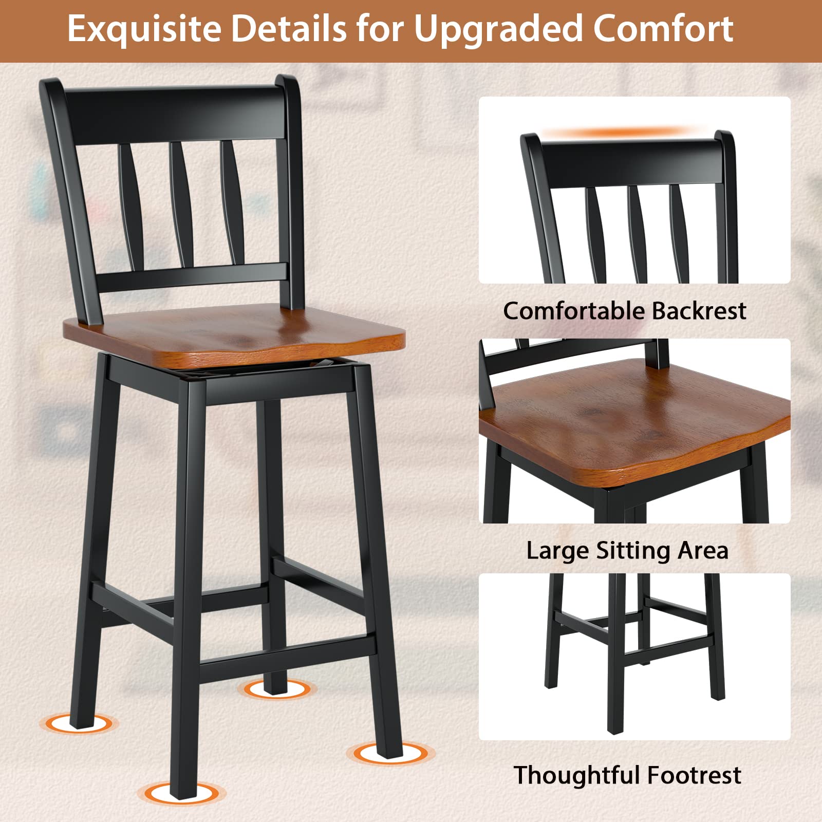 KOMFOTT Bar Stools Set of 2/4, 24.5 Inch Solid Rubber Wood Bar Chairs with 360 °Swiveling, Footrest