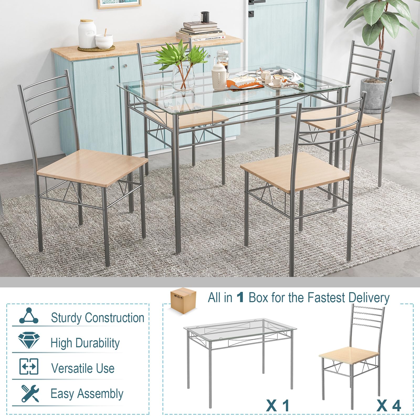 KOMFOTT 5 Piece Dining Table Set, Kitchen Dining Set with Tempered Glass Table Top and 4 Chairs