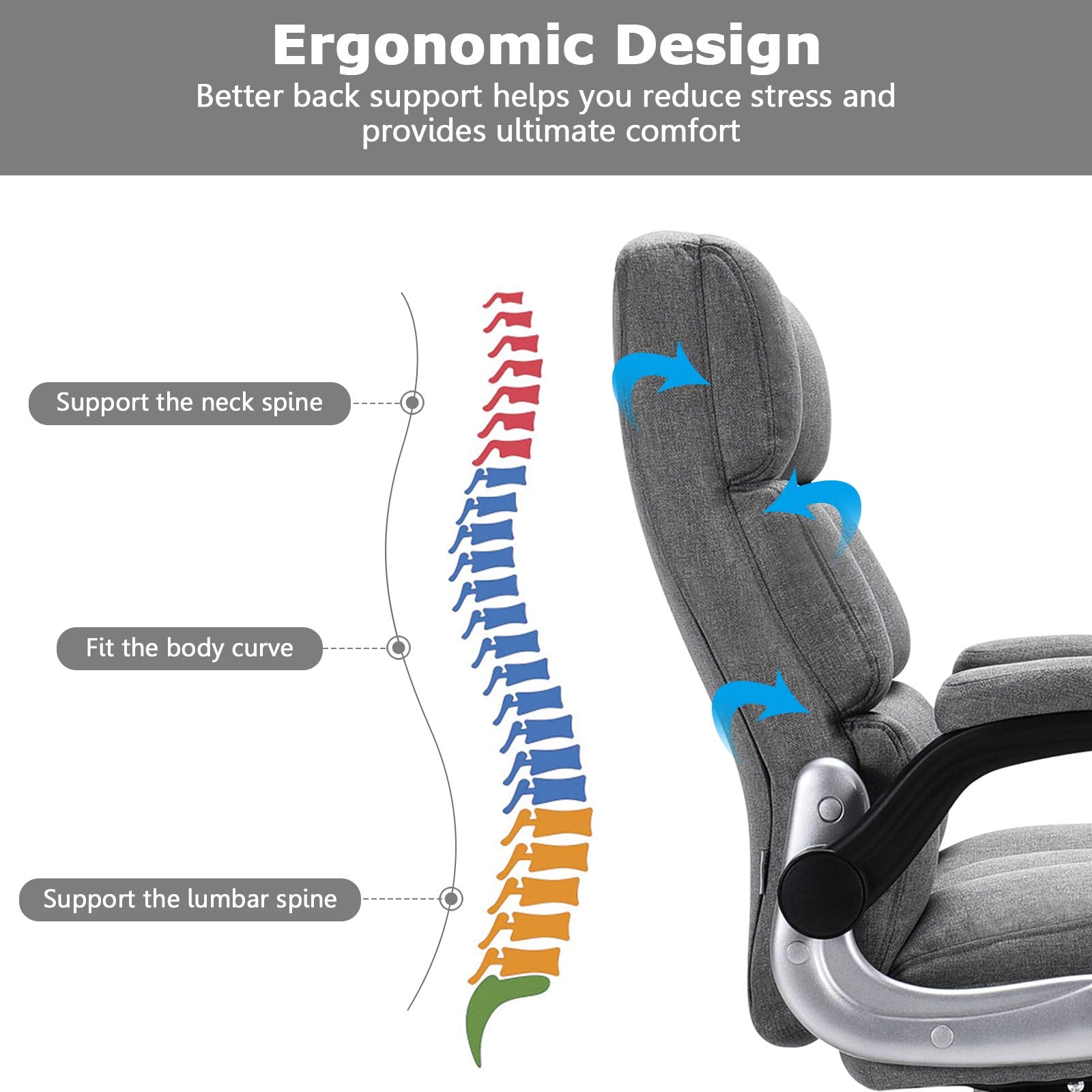 KOMFOTT Executive Office Chair, Adjustable Tilt Angle and Flip-up Armrest Linen Fabric Upholstered Chair with Thick Padding