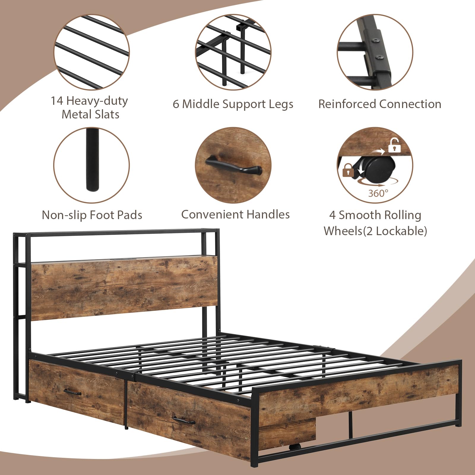 Full Bed Frame w/ Charging Station & 2 Storage Drawers - KOMFOTT