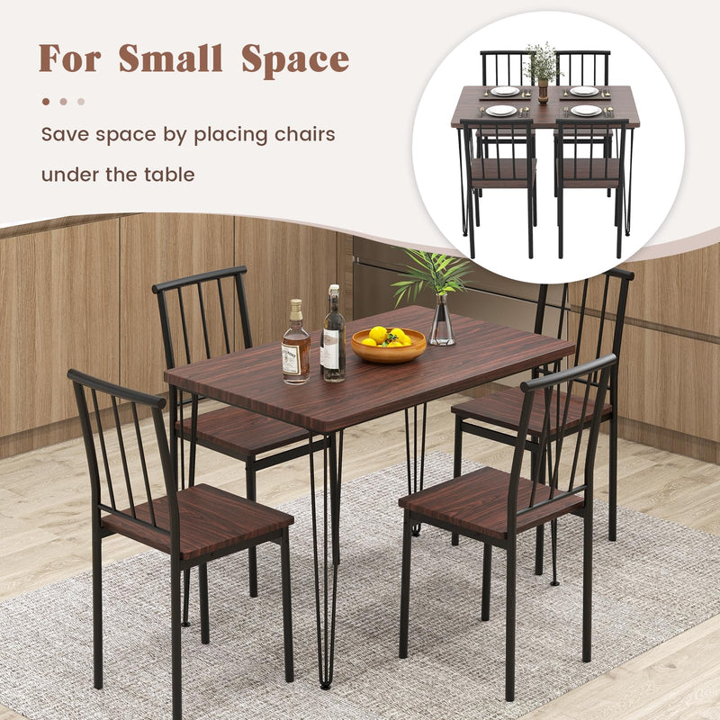 KOMFOTT 5 Piece Dining Table Set, Mid-Century Kitchen Table Set for 4, Wooden Table & 4 Chairs with Metal Frame