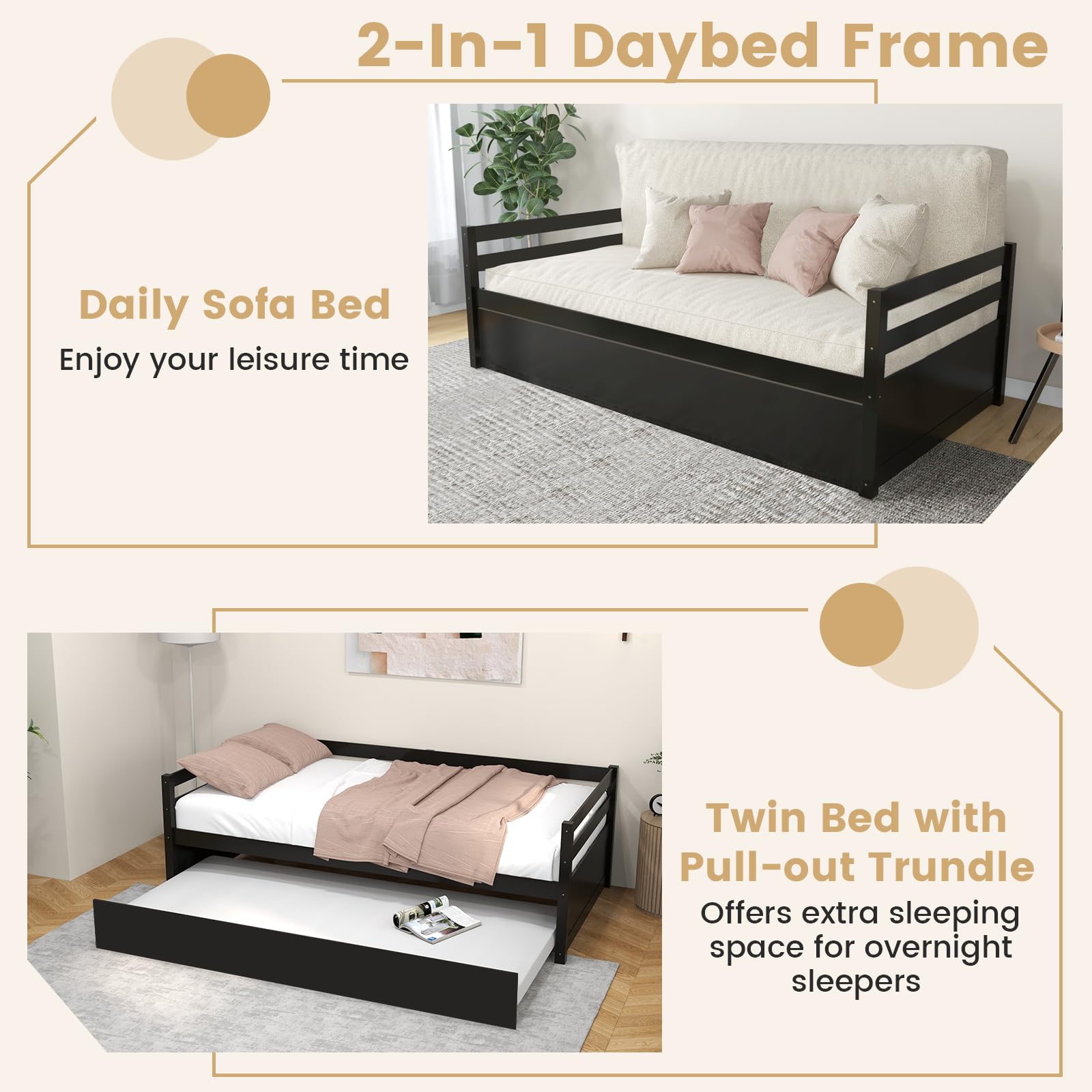 KOMFOTT Twin Daybed with Trundle, Wood Trundle Bed with Wood Slat Support