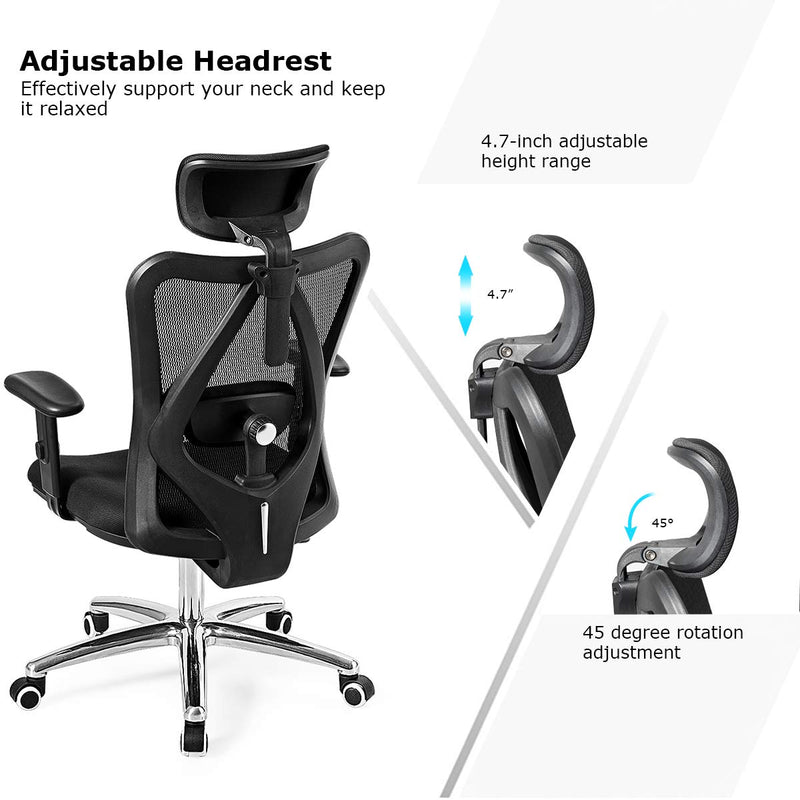 KOMFOTT Ergonomic Office Chair, Mesh Office Chair with Adjustable Headrest, Tilt-Down Backrest Mesh Adjustable High Back Office Chair