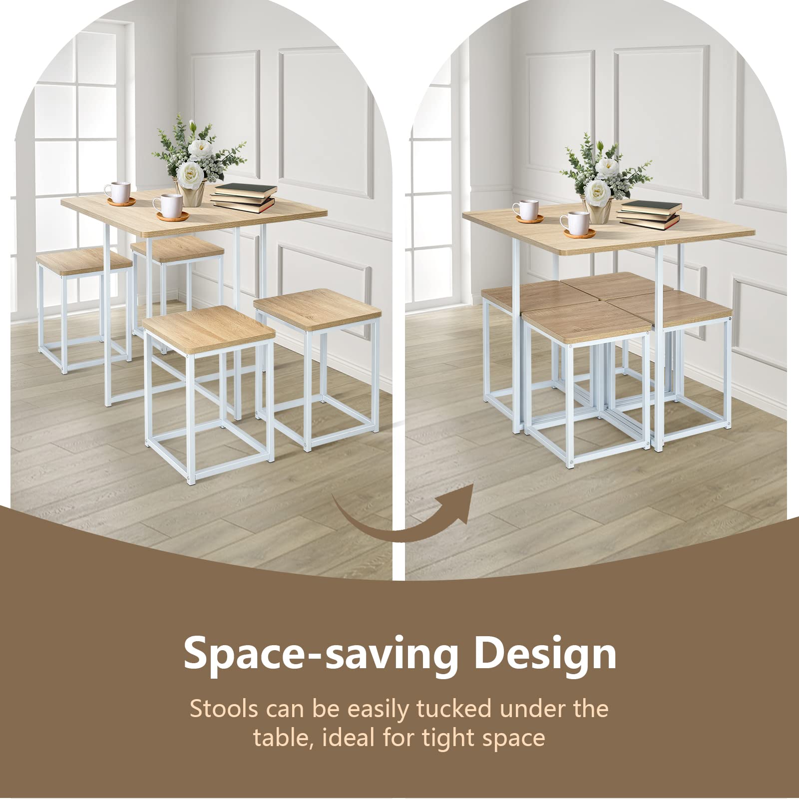 KOMFOTT 5 Piece Dining Table Set, Counter Kitchen Table and Chair Set for 4 Includes 1 Square Table and 4 Stools