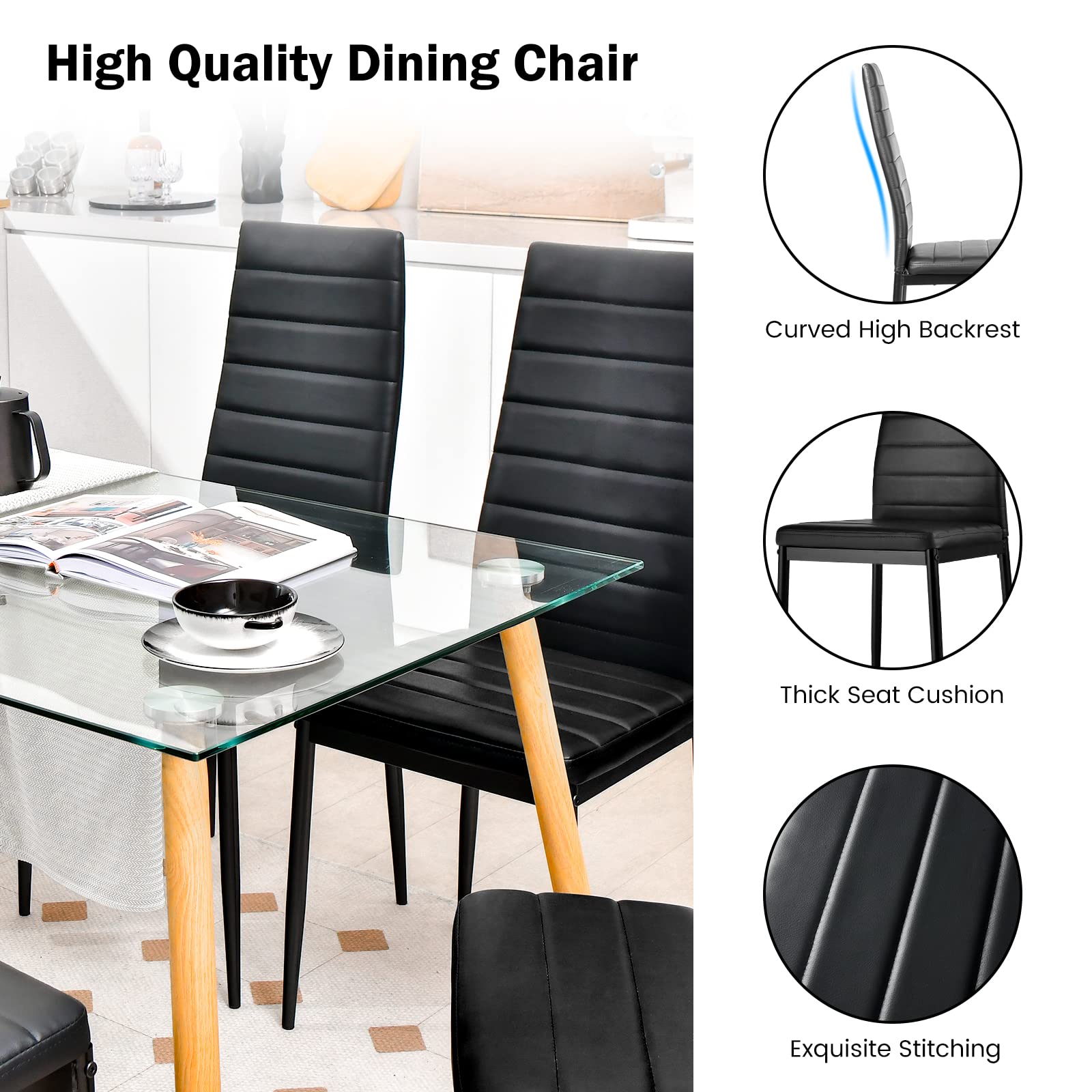 KOMFOTT Black Polyvinyl Chloride Metal Dining Chair Set of 6 - Ergonomic High Back, Soft Padded Seat and Back