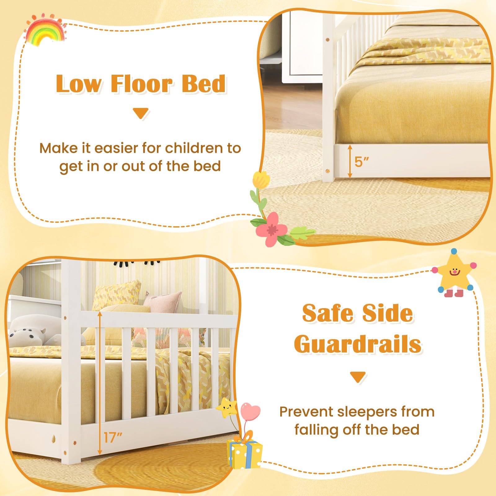 KOMFOTT Double Twin Floor Beds for 2 Kids, Wood Twin Size House Beds with Safety Guardrails