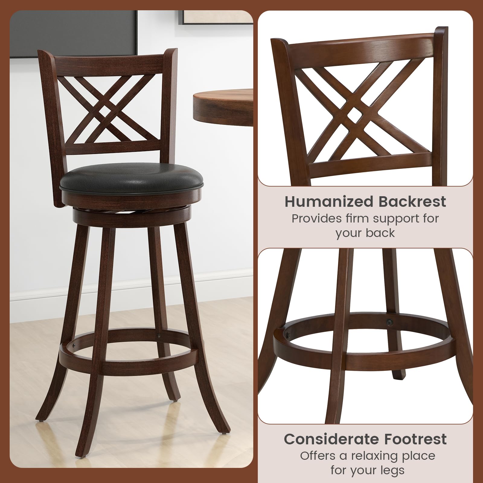 KOMFOTT 360° Swivel Barstools Set of 2/4, 29" Bar Height Bar Chairs with Back & Footrest