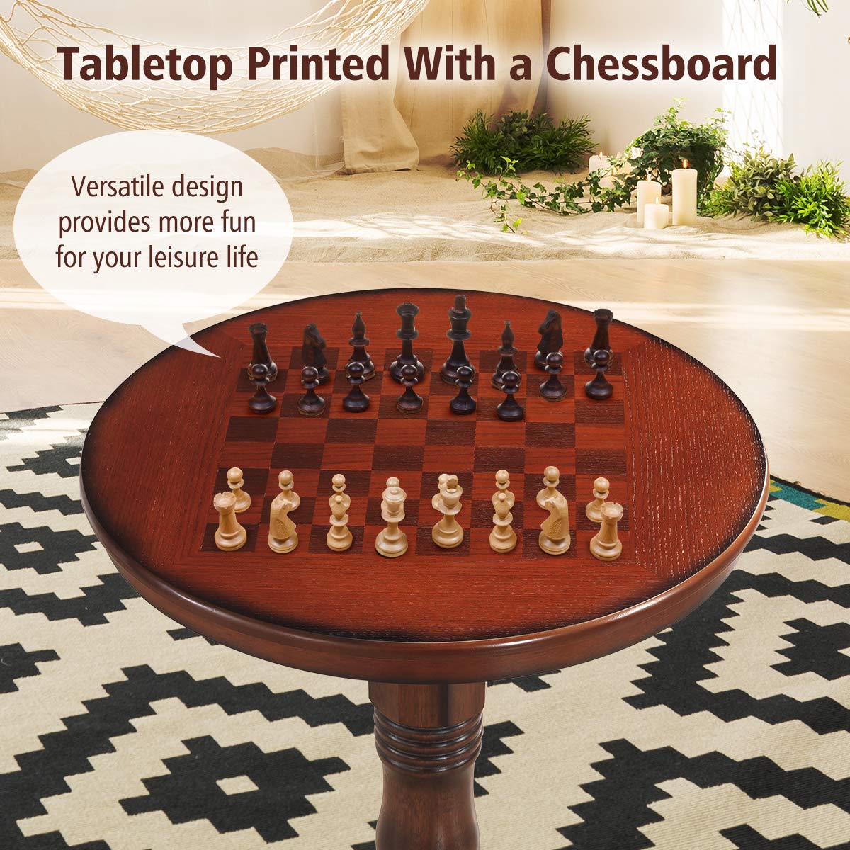 KOMFOTT Round Dining Table, Wooden Pub Pedestal Side Table W/Chessboard, Adjustable Foot Pads