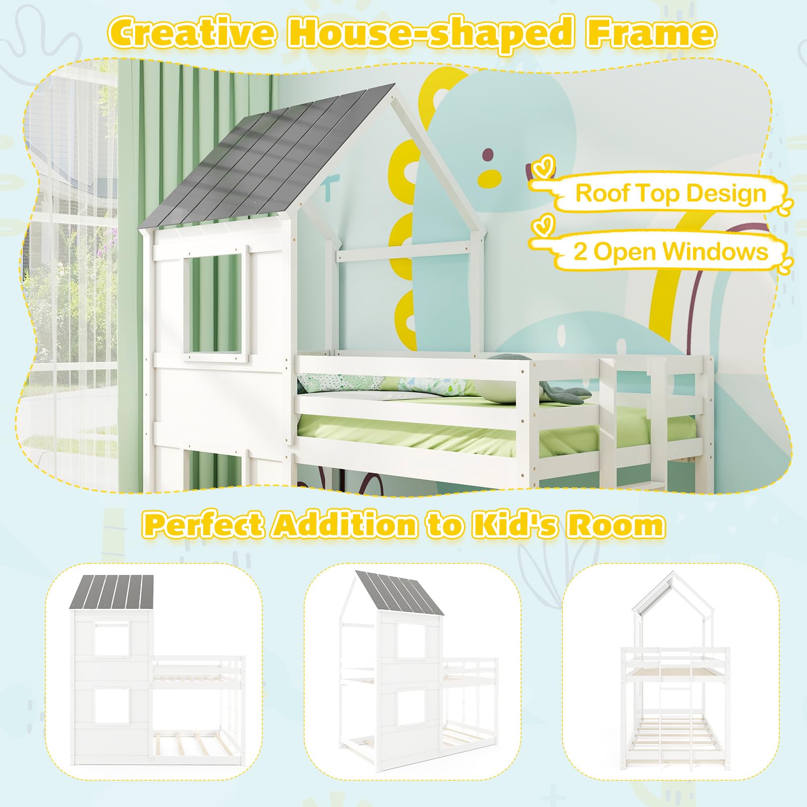 KOMFOTT House Bunk Bed Twin Over Twin, Solid Wood Floor Bunk Bed with Built in Ladder, Window & Safety Guardrail