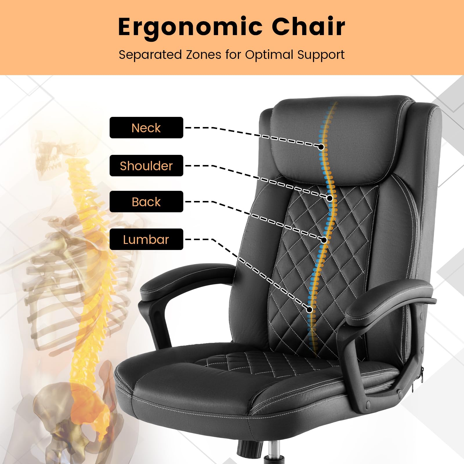 KOMFOTT Executive Office Chair, Leather Like Desk Chair with Thick Headrest Cushion & Padded Armrests