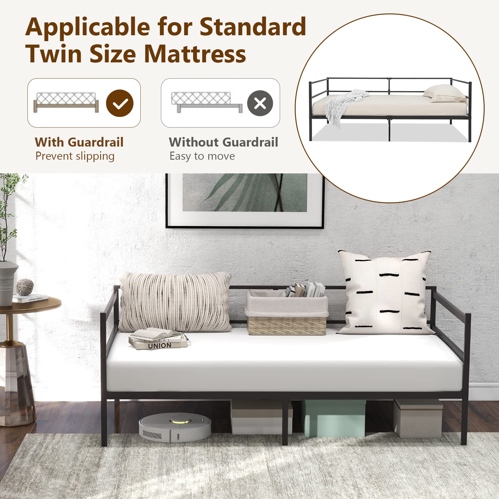 KOMFOTT Metal Twin Daybed with Heavy Duty Slat Support, Space Saving Sofa Bed