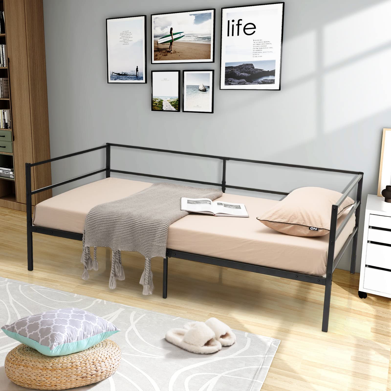 KOMFOTT Metal Twin Daybed Frame with Metal Slat Support & 3-Sided Guardrails