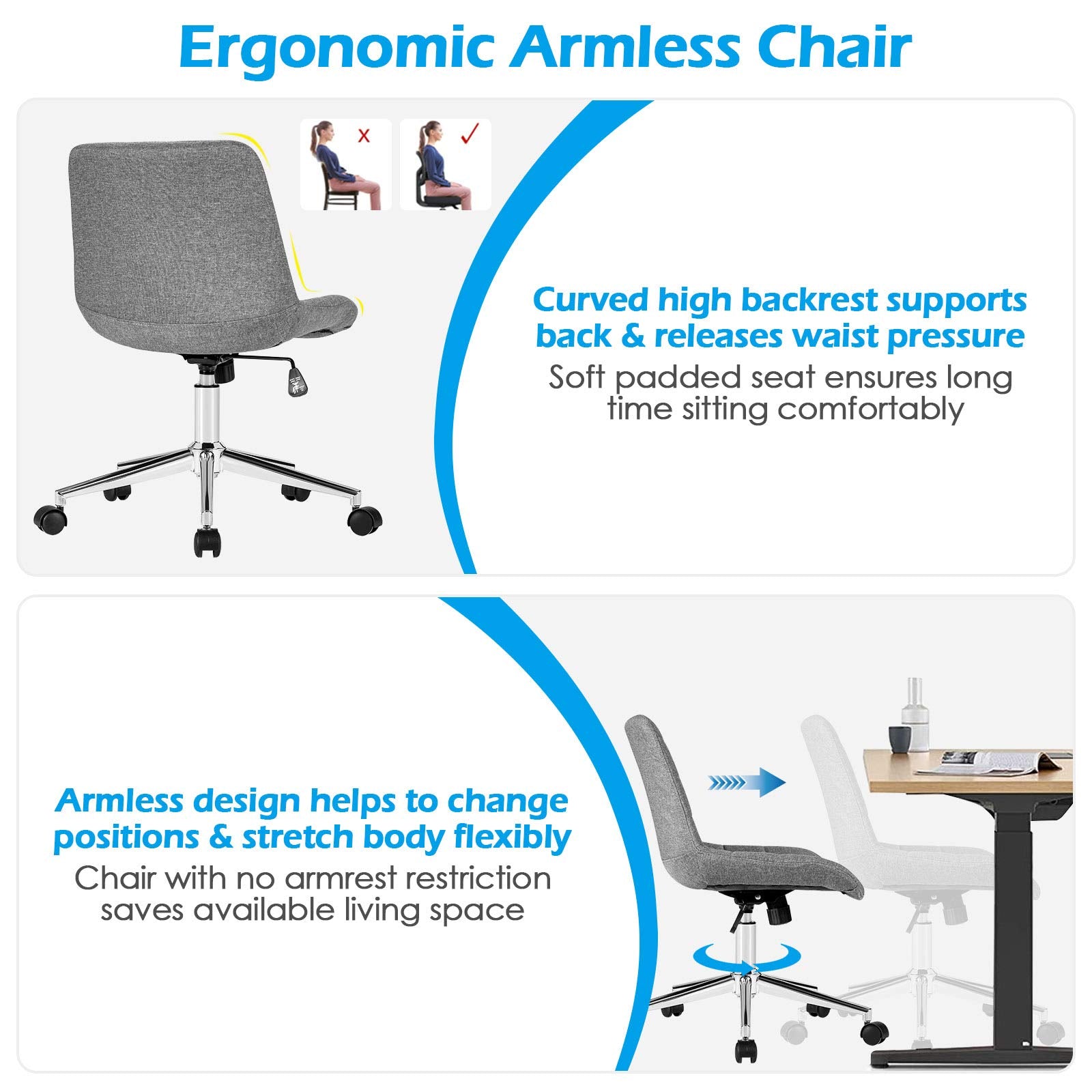 KOMFOTT Modern Home Office Chair, Fabric Armless Leisure Chair w/Stable Metal Base and Rocking Function