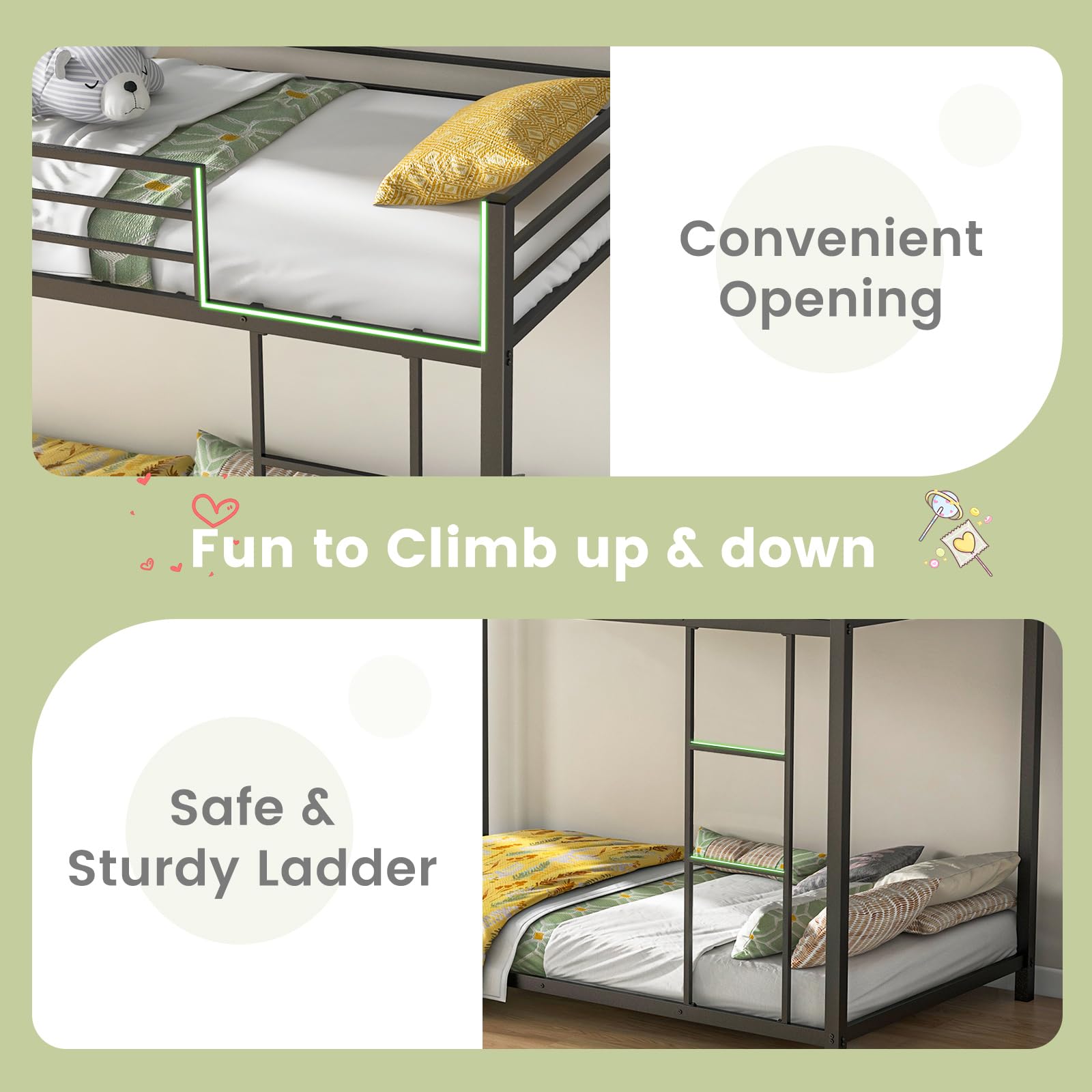 KOMFOTT Twin Over Twin Metal Low Floor Bunk Bed with Safety Guard Rail & Ladder