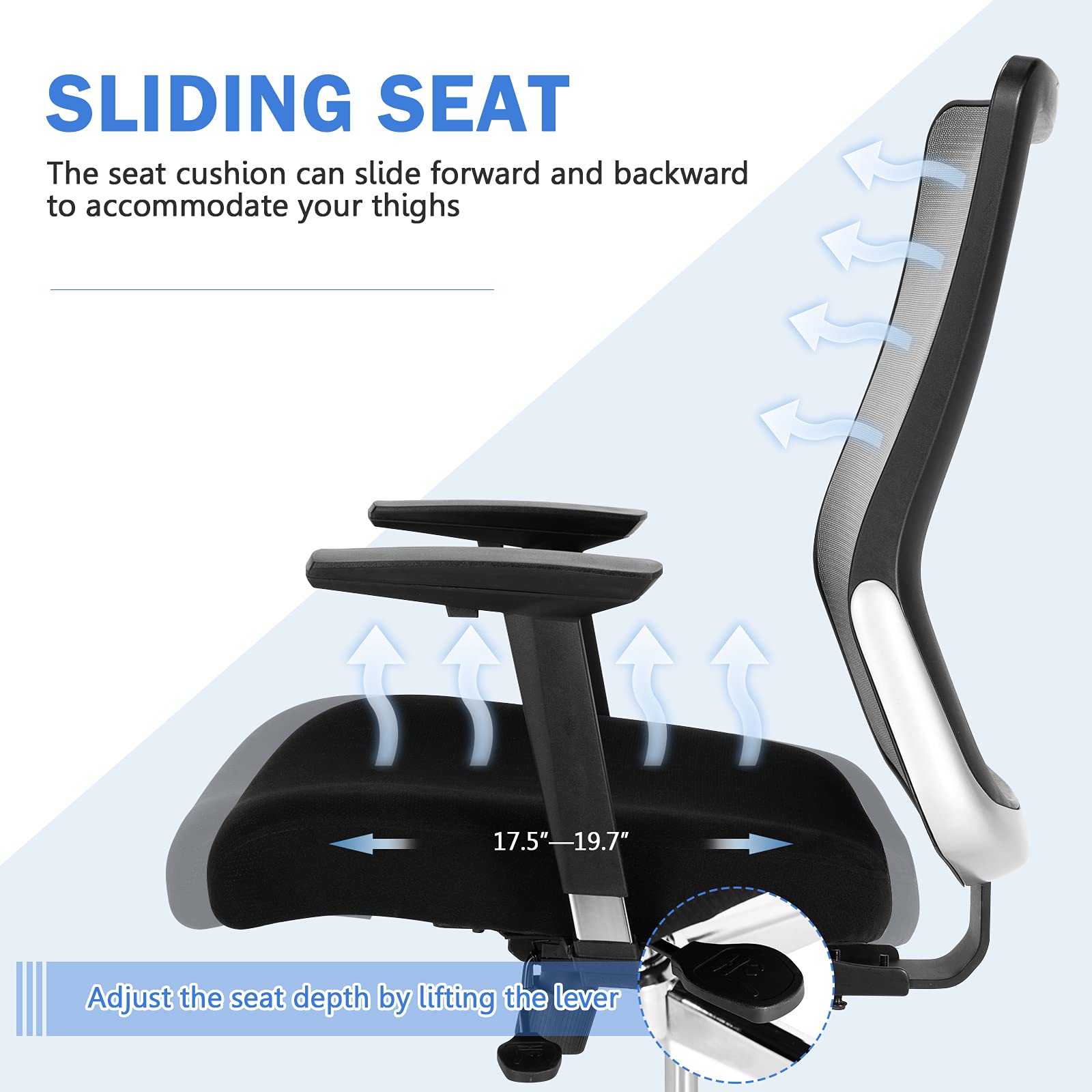 KOMFOTT Ergonomic Office Chair, Mesh Desk Chair with Adjustable Seat Depth, Computer Chair with Wheels and Rocking Function