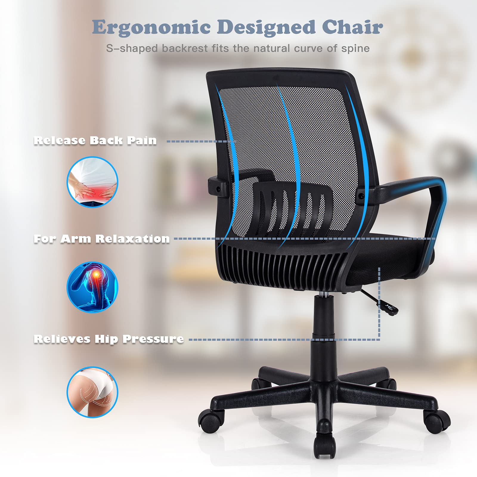 KOMFOTT Office Chair, Mesh Desk Chairs with Wheels, Lumbar Support, Waterfall Seat