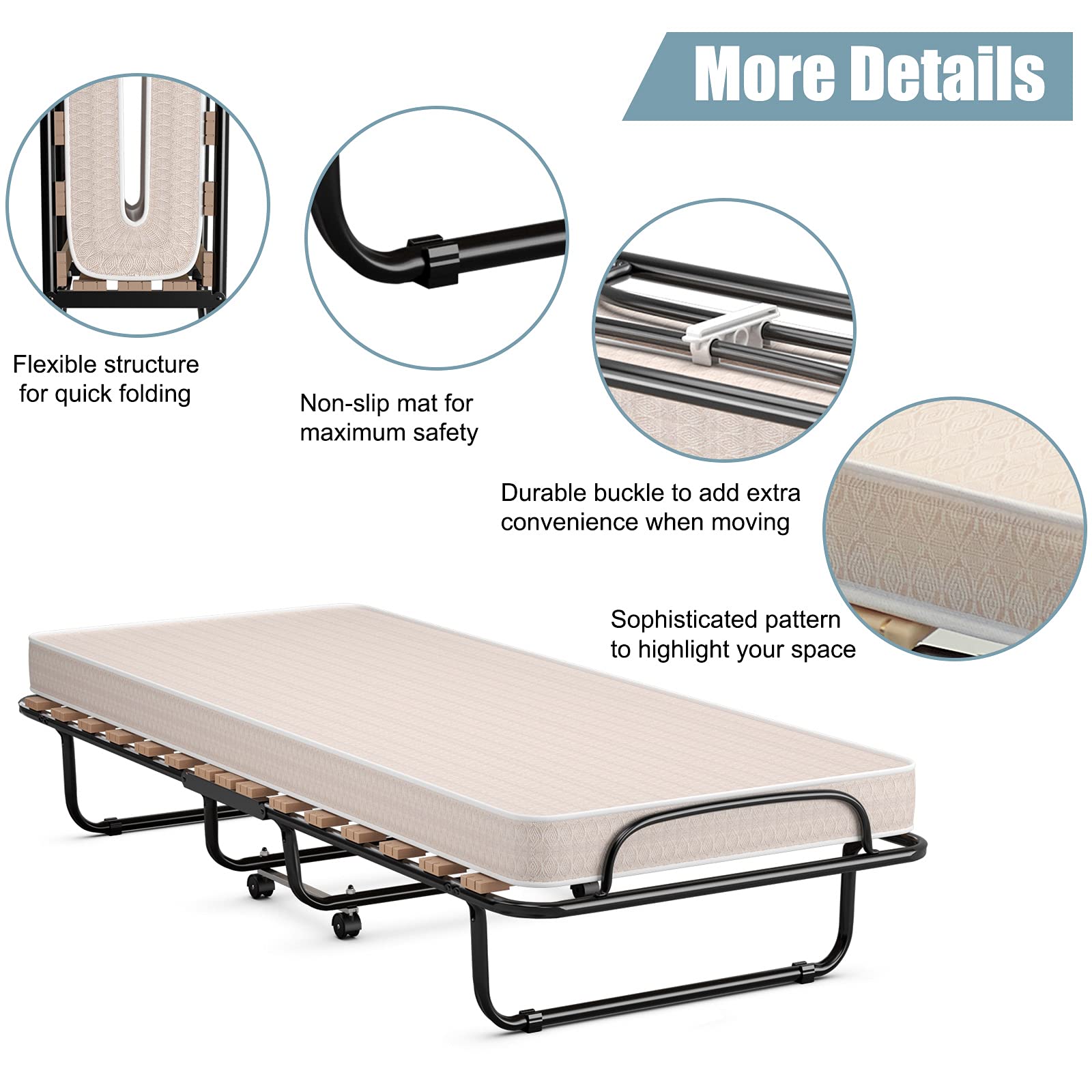 KOMFOTT Portable Folding Rollaway Bed with Steel Frame & Memory Foam Mattress