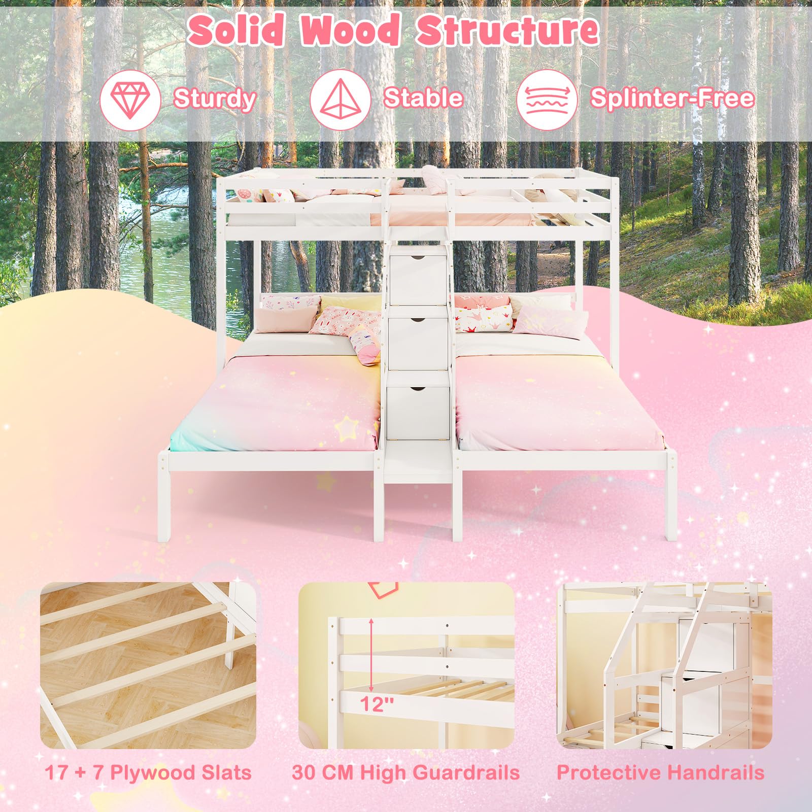 KOMFOTT Twin Over Twin & Twin Bunk Bed, Triple Bunk Beds with 4-Step Storage Stair, Guardrail & Solid Wood Structure