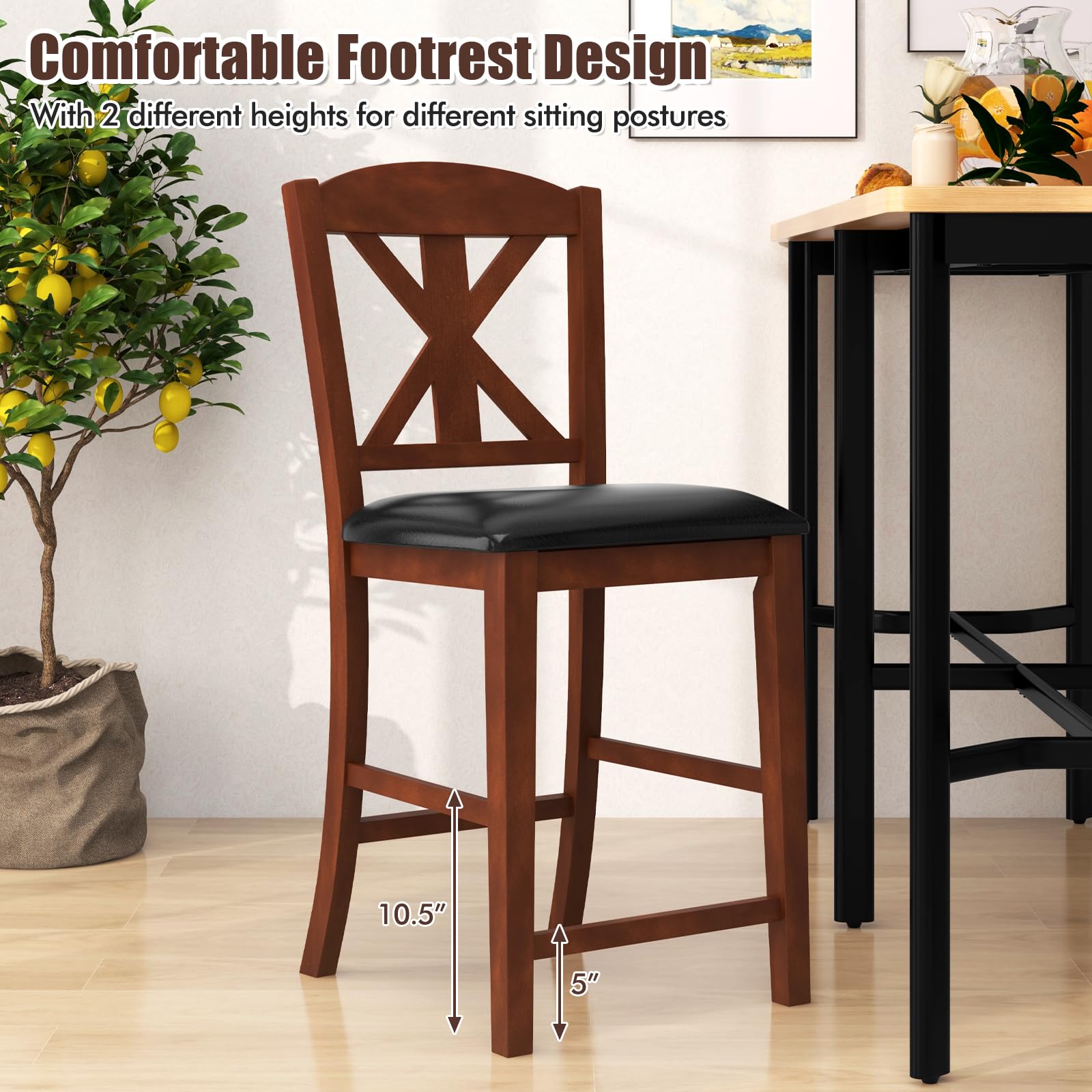 KOMFOTT Wood Bar Stools Set of 2, 24" Upholstered Counter Height Bar Chairs w/Hollowed High Back, PU Leather, Rubber Wood Legs