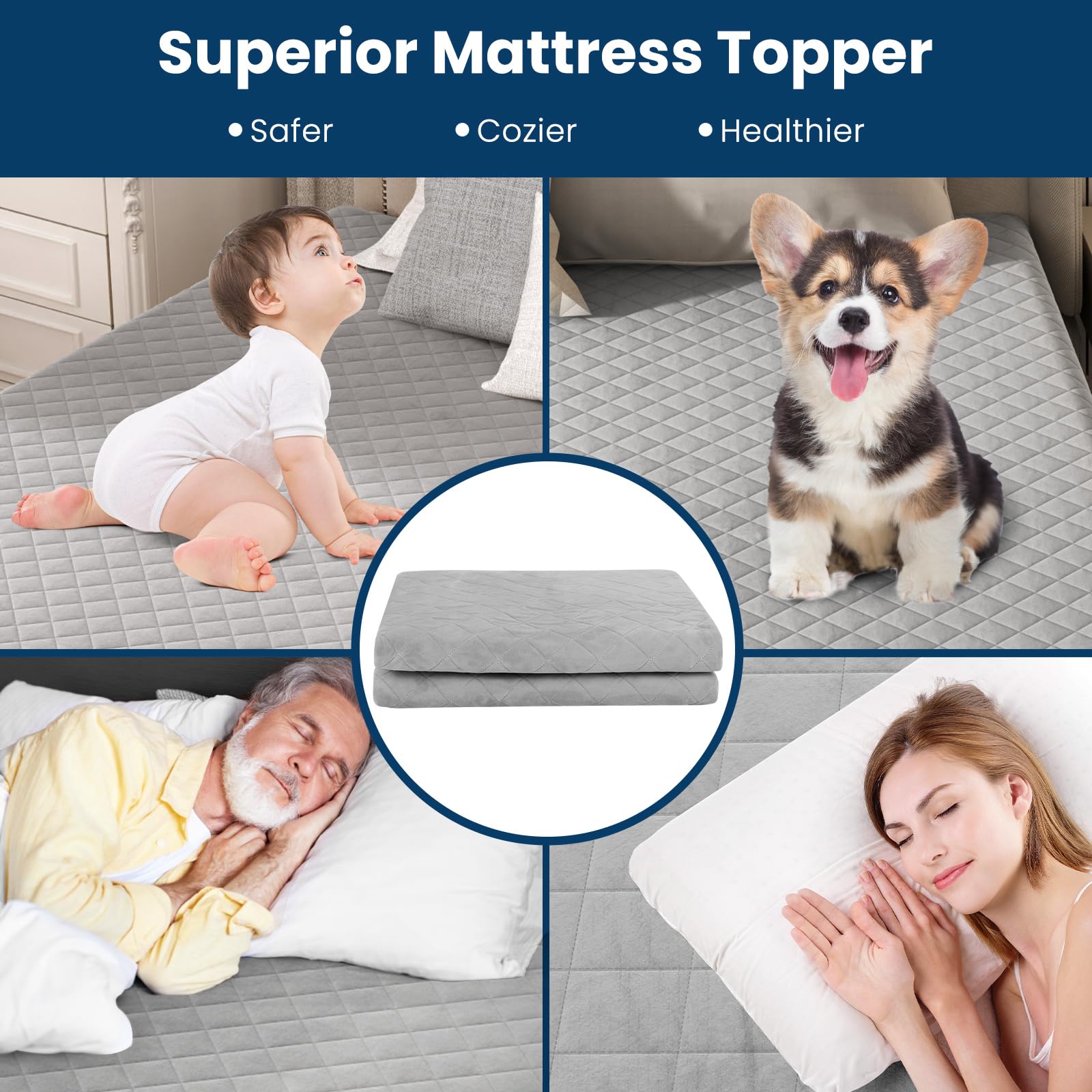 KOMFOTT Mattress Topper Cover, Soft Velvet Mattress Protector with Deep Pockets, Elastic Sides & Anti-Slip Bottom