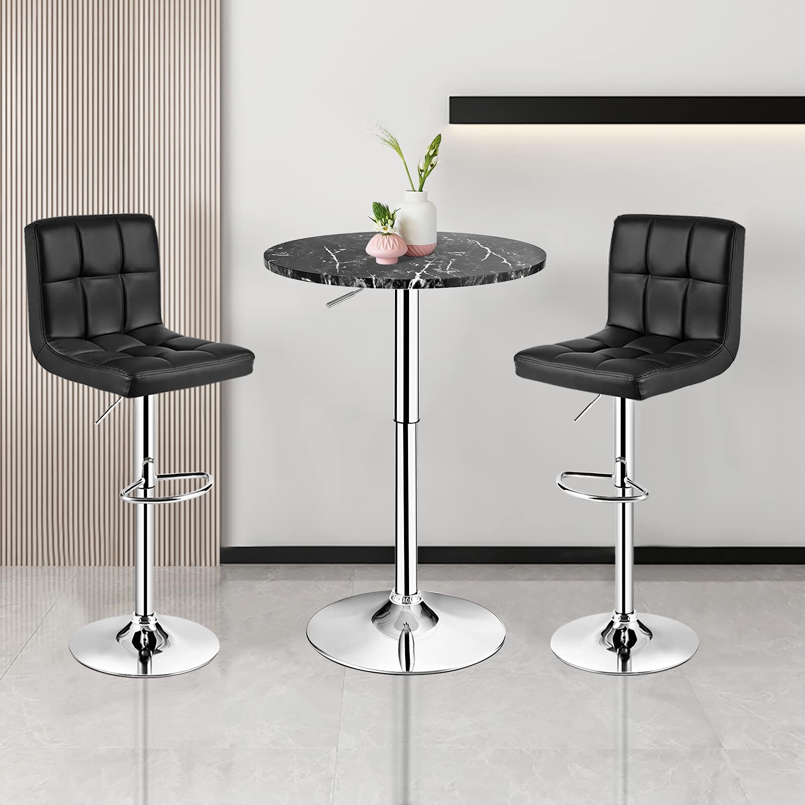 KOMFOTT Round Pub Table Height Adjustable, 360° Swivel Cocktail Pub Table with Sliver Leg and Base