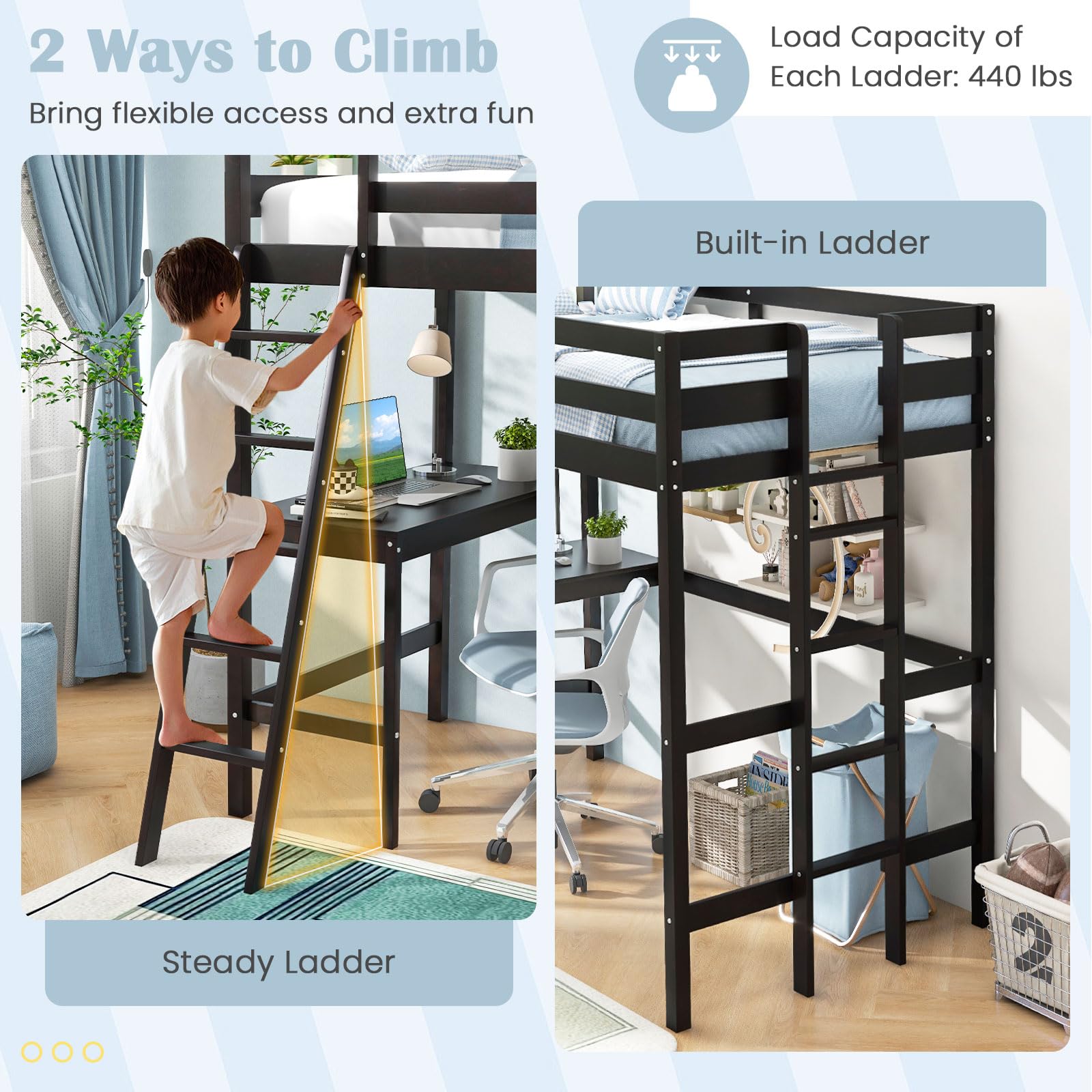 KOMFOTT Twin Size Wood Loft Bed with Desk, 2 Ladders, Full Length Guardrail for Kids Teens Adults