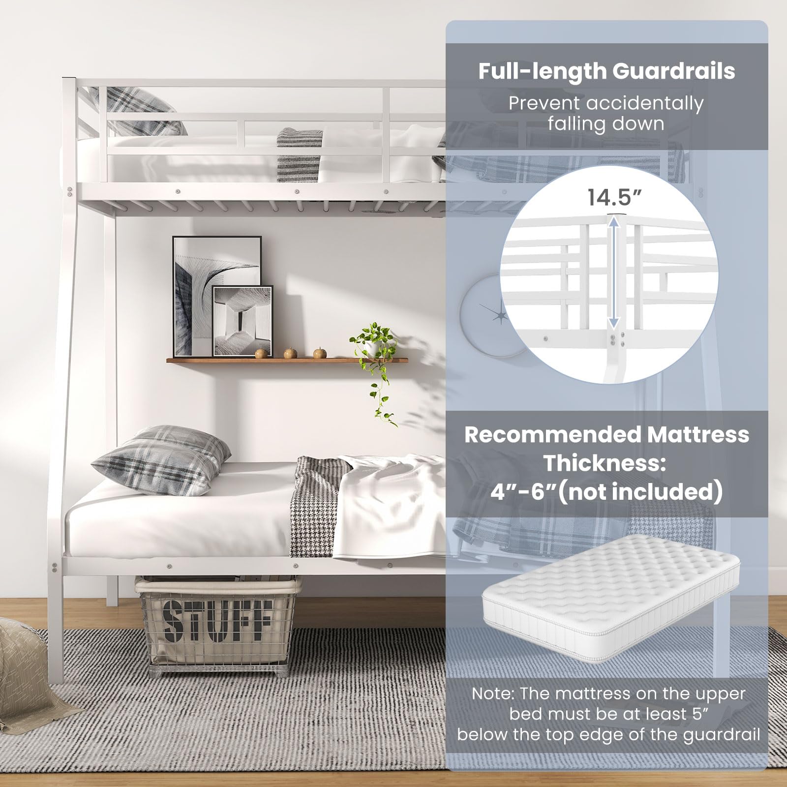 KOMFOTT Metal Twin Over Full Bunk Bed with Ladder and Steel Frame Support