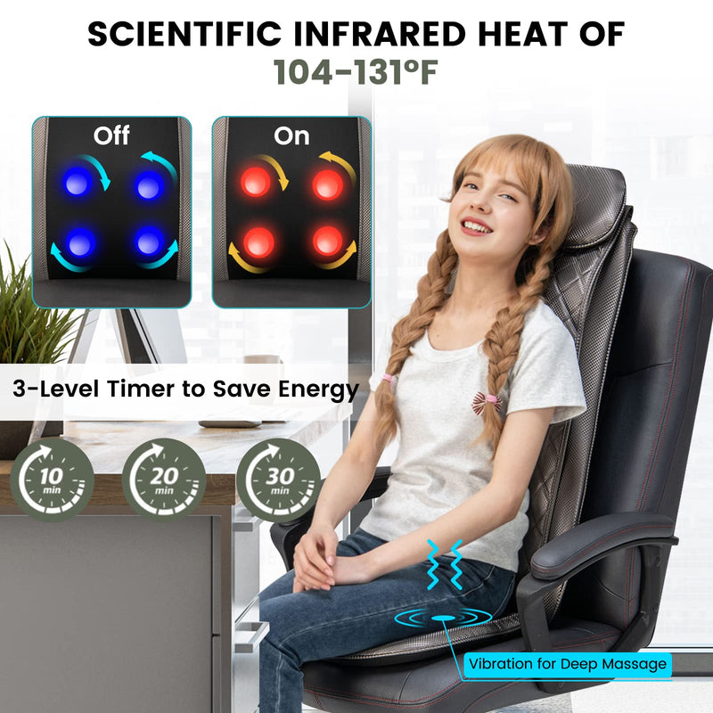 KOMFOTT Back Massager Chair Pad - Massage Seat Cushion with Heat & Vibration, Removable Neck Pillow & Back Flap