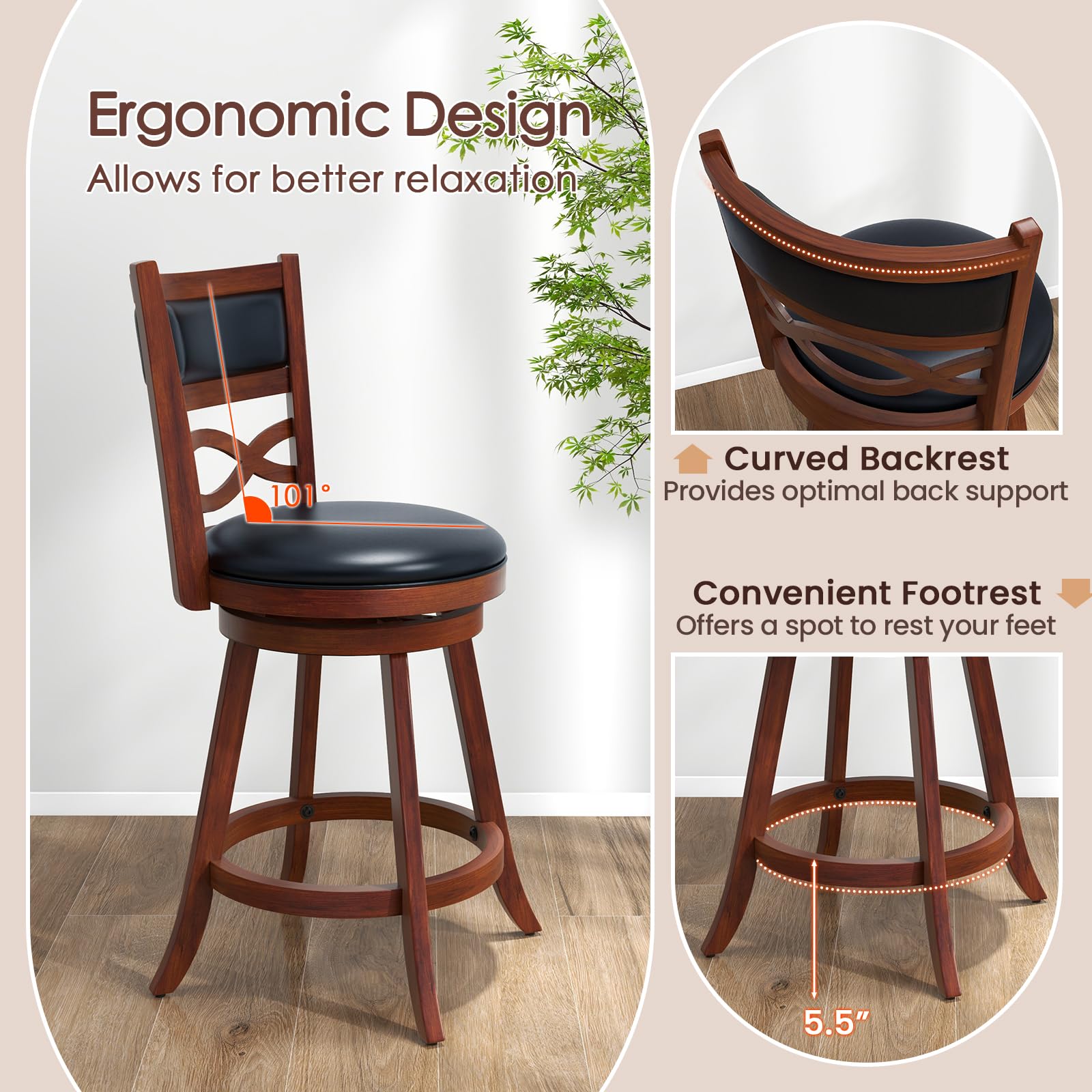 KOMFOTT Bar Stools Set of 2/4, 24.5” Counter Height Stools with Rubber Wood Frame, Faux Leather Upholstered Seat and Backrest