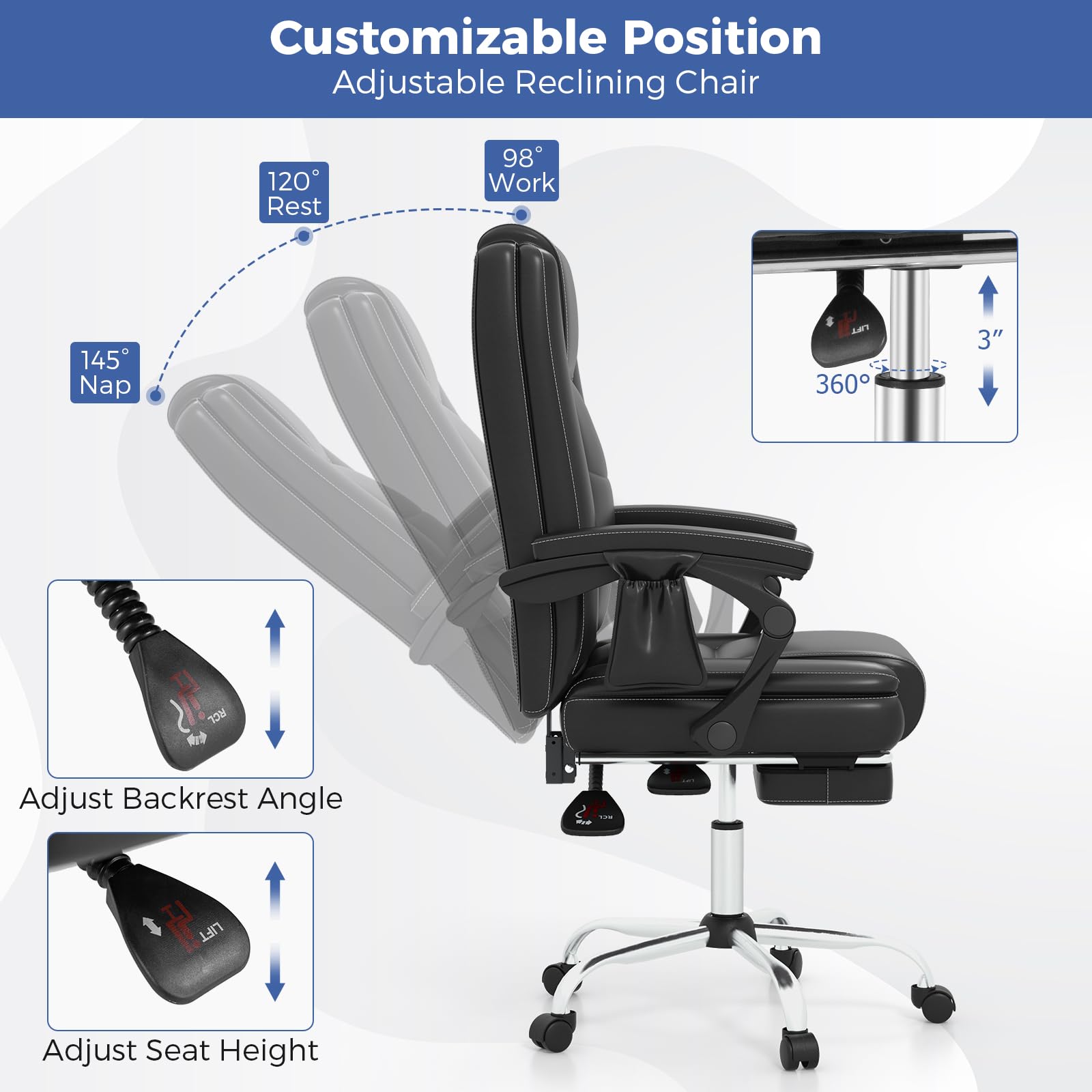 KOMFOTT Massage Adjustable Executive Chair - 400 LBS Big and Tall Office Chair with Linkage Armrests